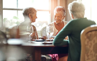 Ældre venner deler middag og vin under rejse