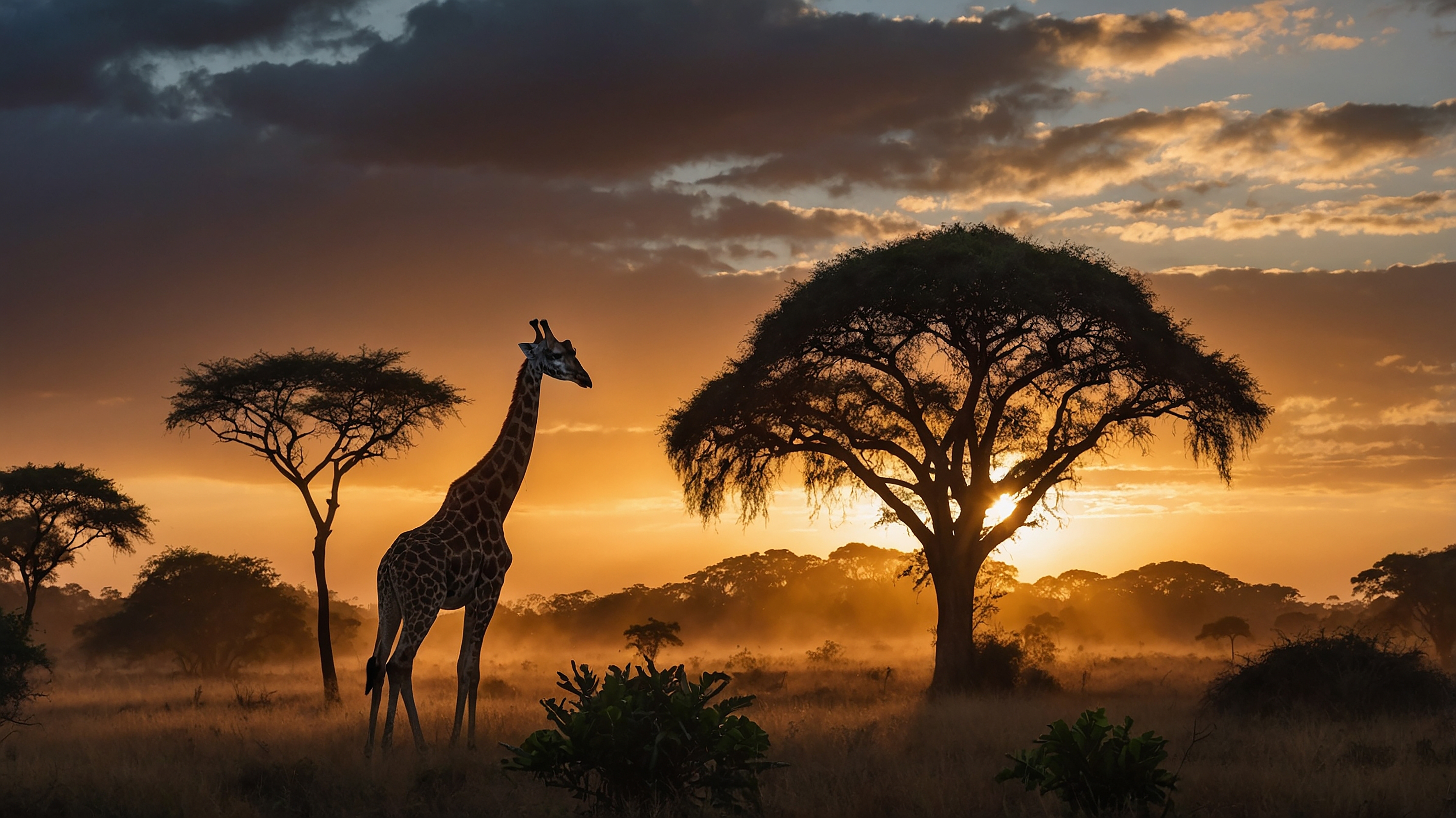 Afrika safari med giraf mod orange himmel og acacia landskab