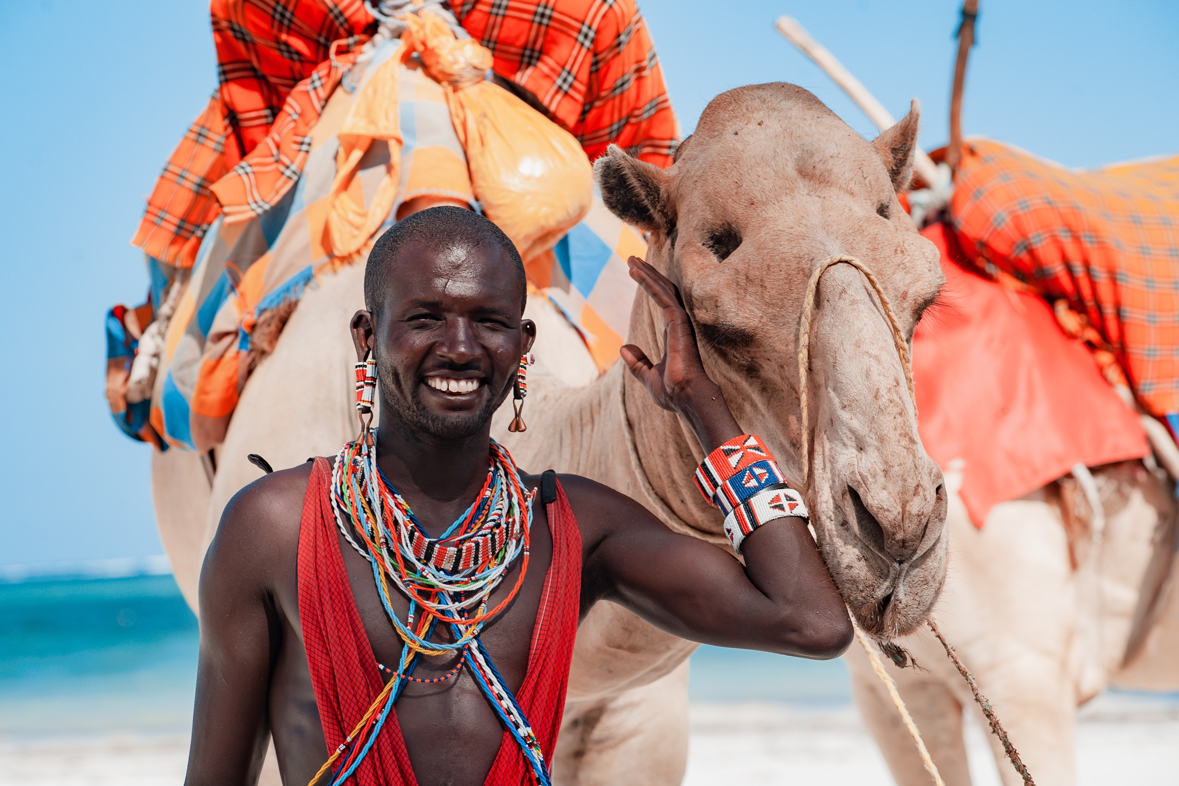 Smilende afrikansk Masai-kriger med traditionelle perler og rødt klæde ved siden af en kamel på Tanzanias strand