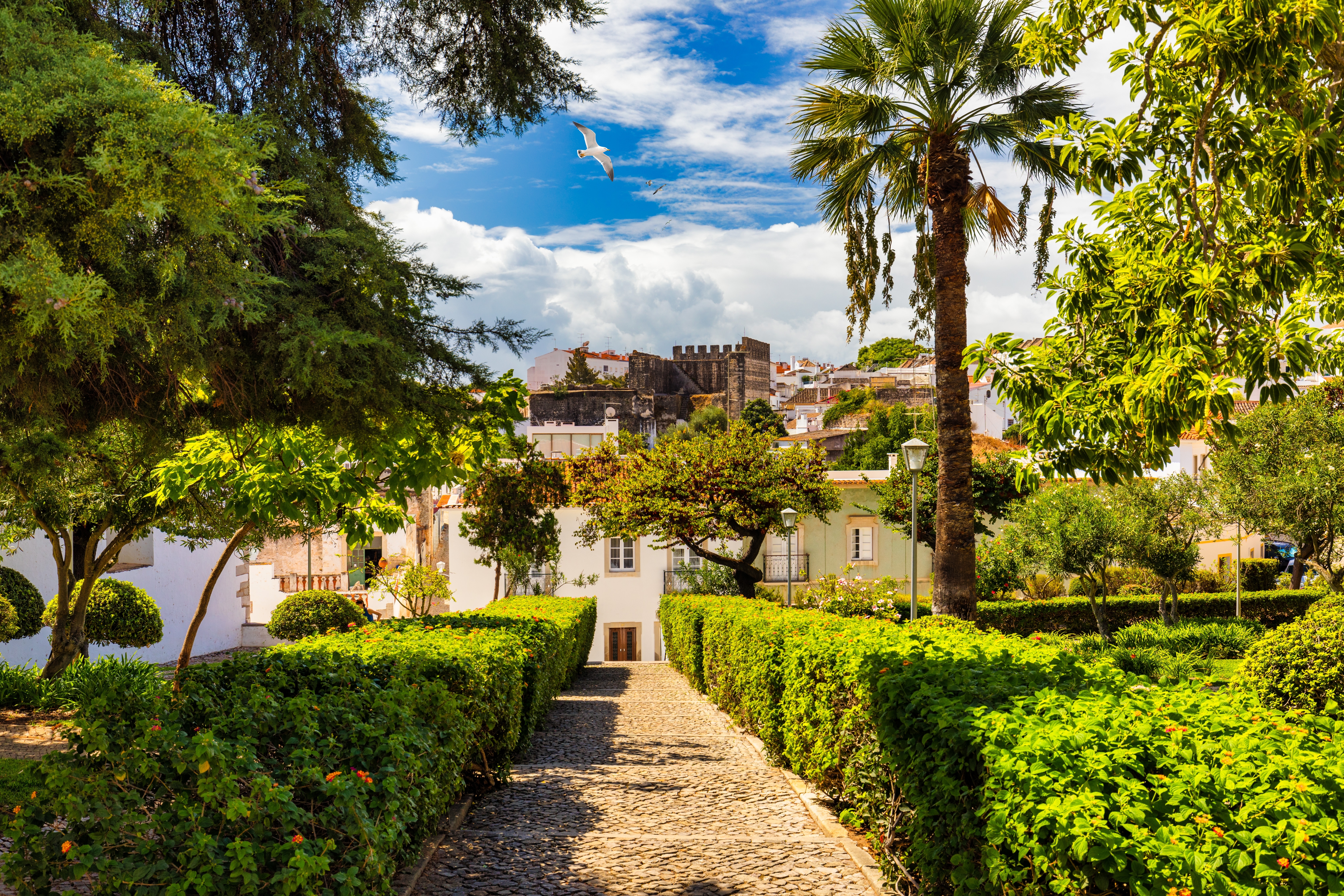 Algarve rejsemål Tavira med traditionel portugisisk arkitektur og grønne parker