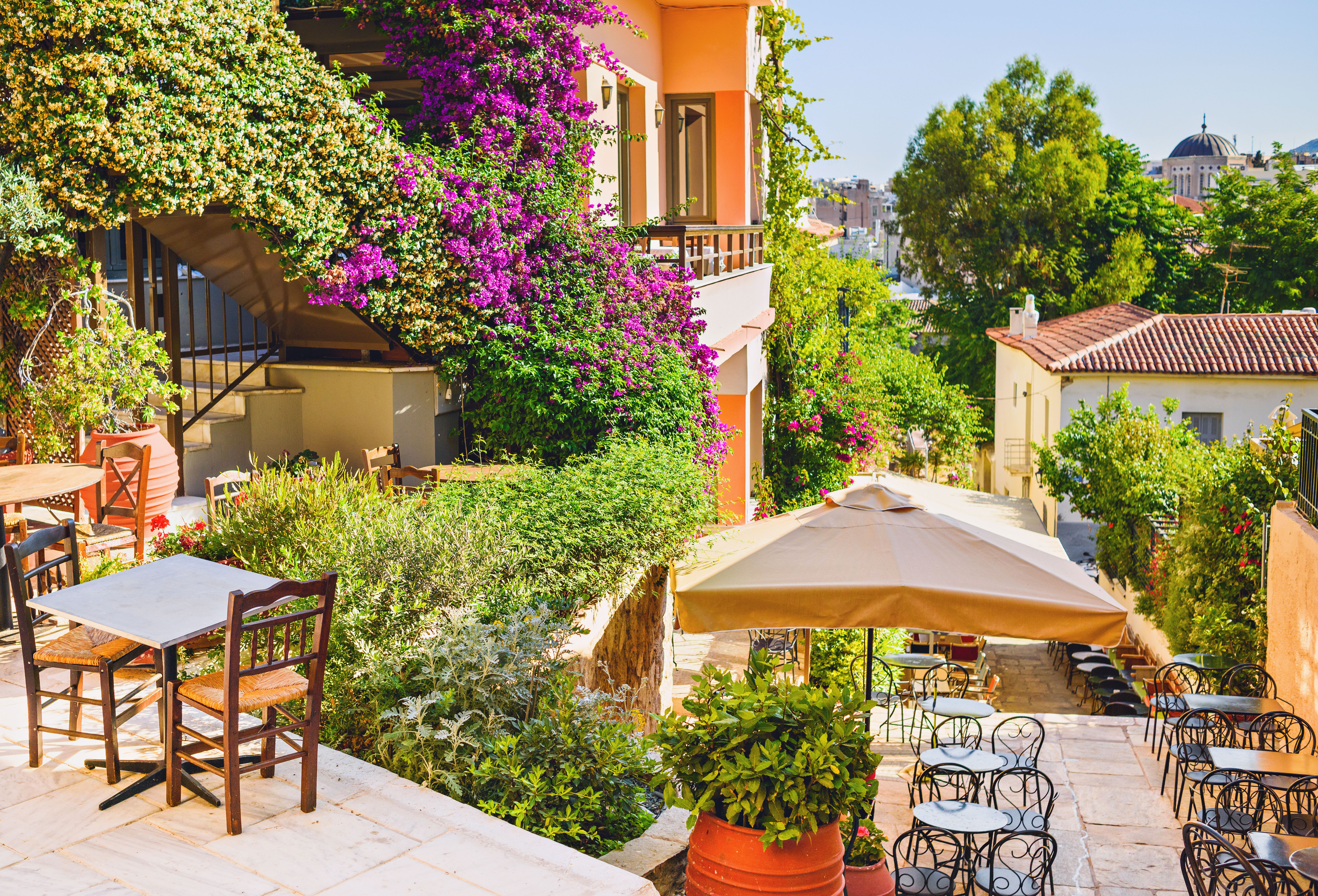 Idyllisk udendørs café i Plaka, Athen, med farverige bougainvillea-blomster, parasol og frodig beplantning på en solrig dag i Grækenland