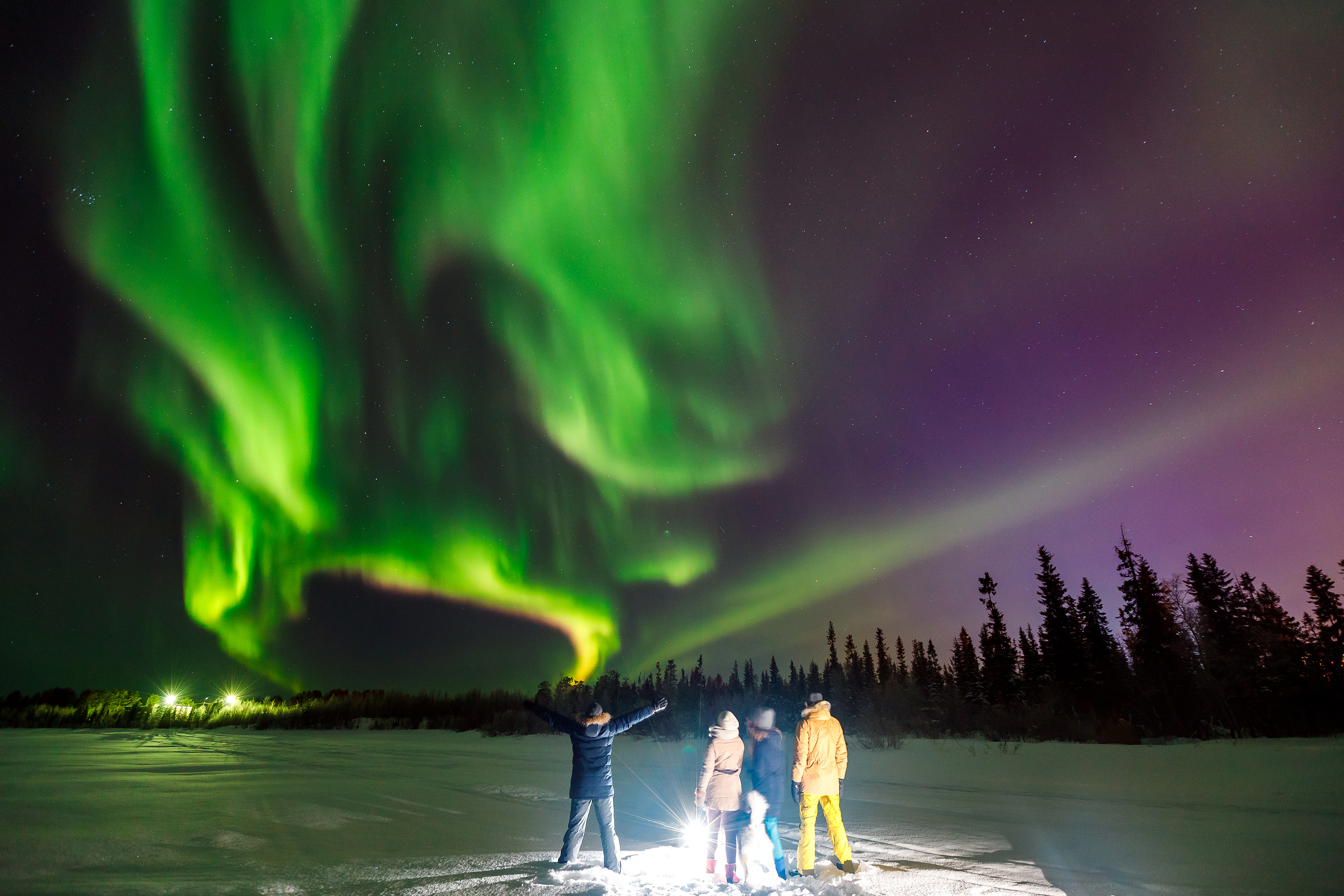 Tre personer oplever magiske grønne nordlys der svinger elegant hen over den stjernefyldte nattehimmel i det arktiske