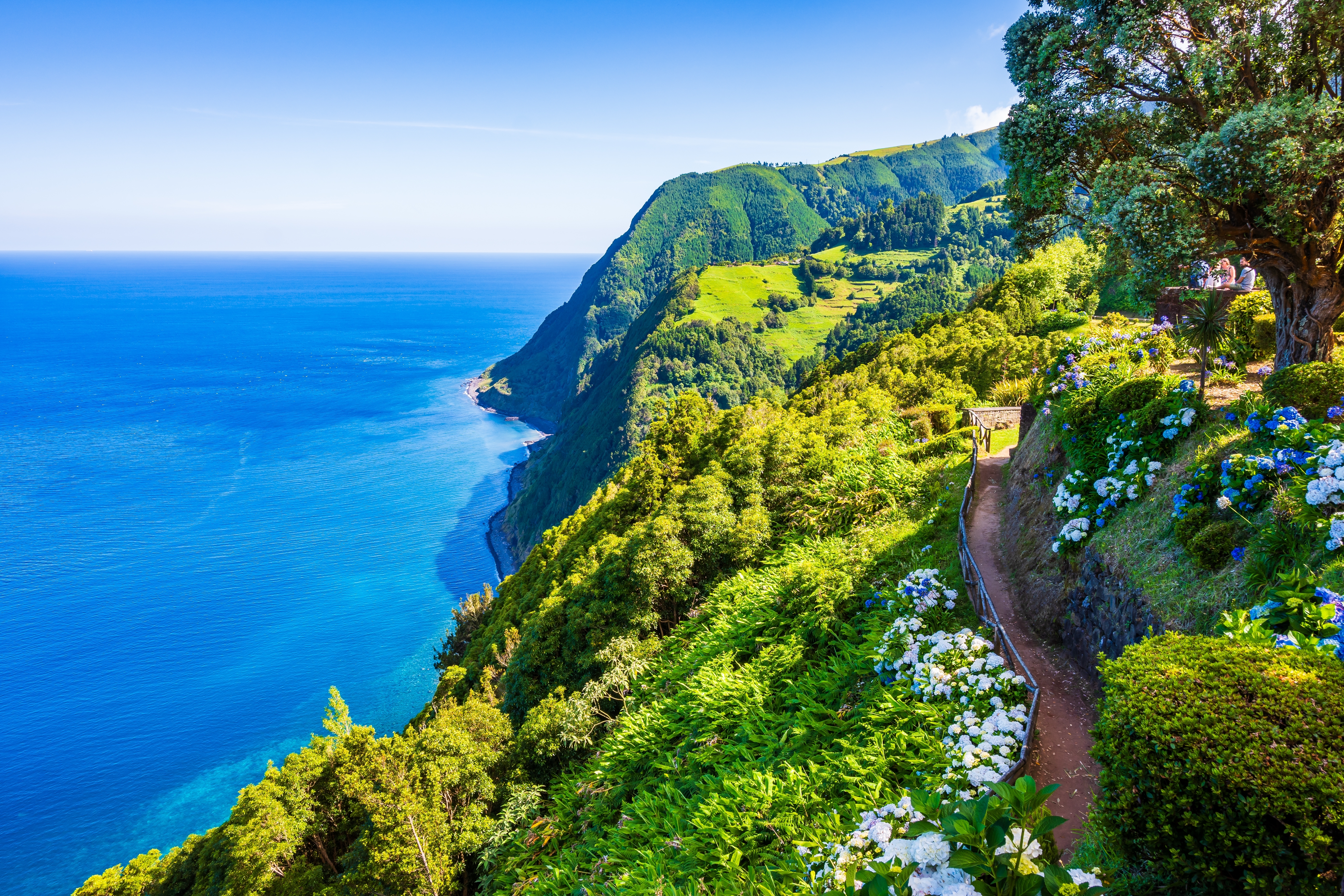 Spektakulær kyststi gennem de tropiske haver ved Ponta do Sossego på São Miguel - et af Azorernes mest fotogene naturområder med frodig vegetation og betagende atlanterhavsudsigt