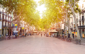 Barcelona centrum La Rambla træallé med cafeer og butikker