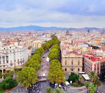 Flot aerial view af Barcelona's Las Ramblas med palmer og historisk arkitektur