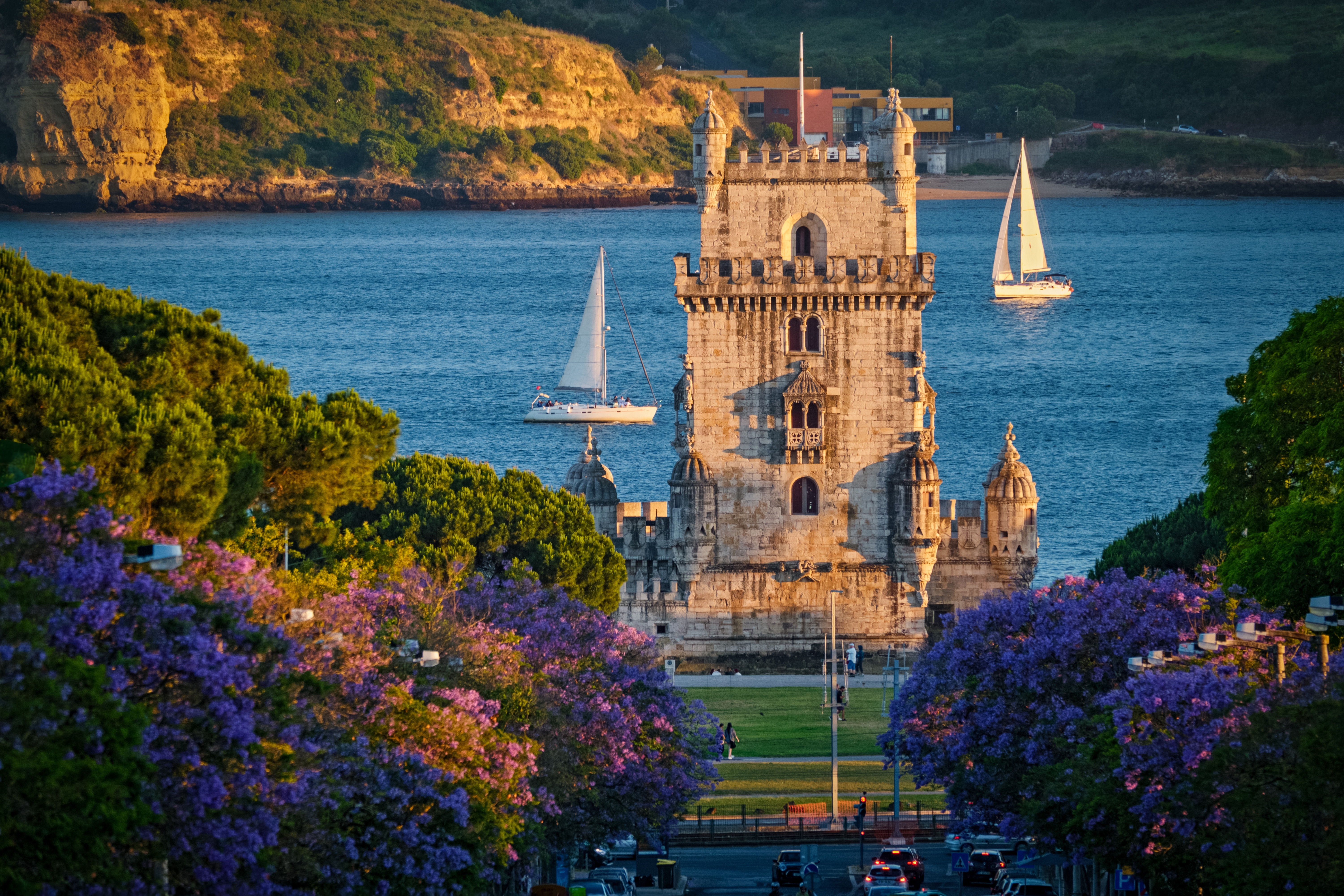 Ikonisk Torre de Belém i Lissabon omgivet af lilla jacarandatræer i fuld blomst med sejlbåde på den blå Tejo-flod