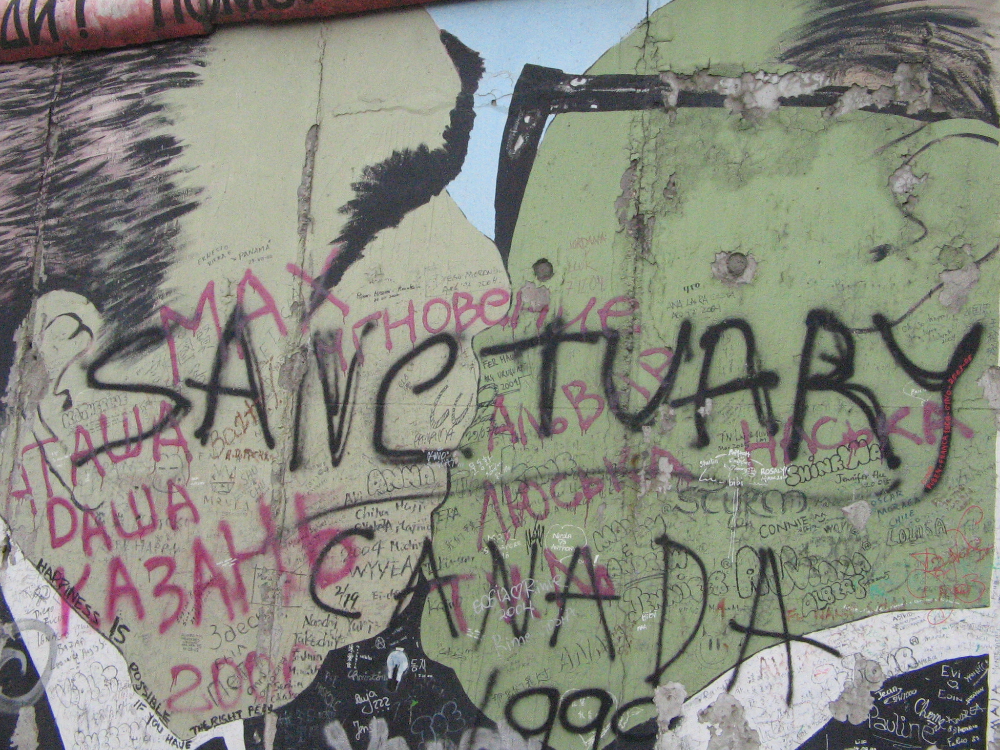 Historisk murrest fra Berlinmuren med "Sanctuary" graffiti, der illustrerer Berlins forvandling fra delt by til kulturelt centrum