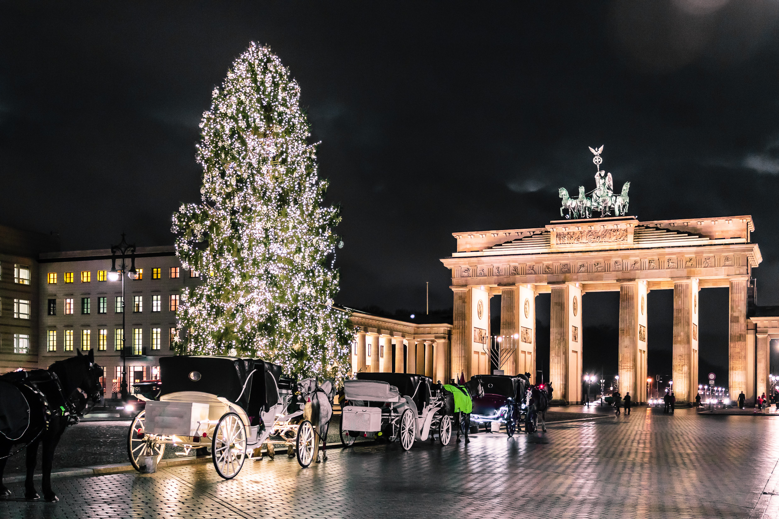 Romantisk julescene ved Brandenburger Tor Berlin med juletræ og hestevogne