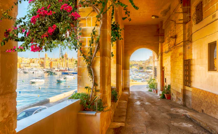 Maleriske arkader i Birgu med blomsterpragt og udsigt over den historiske havn