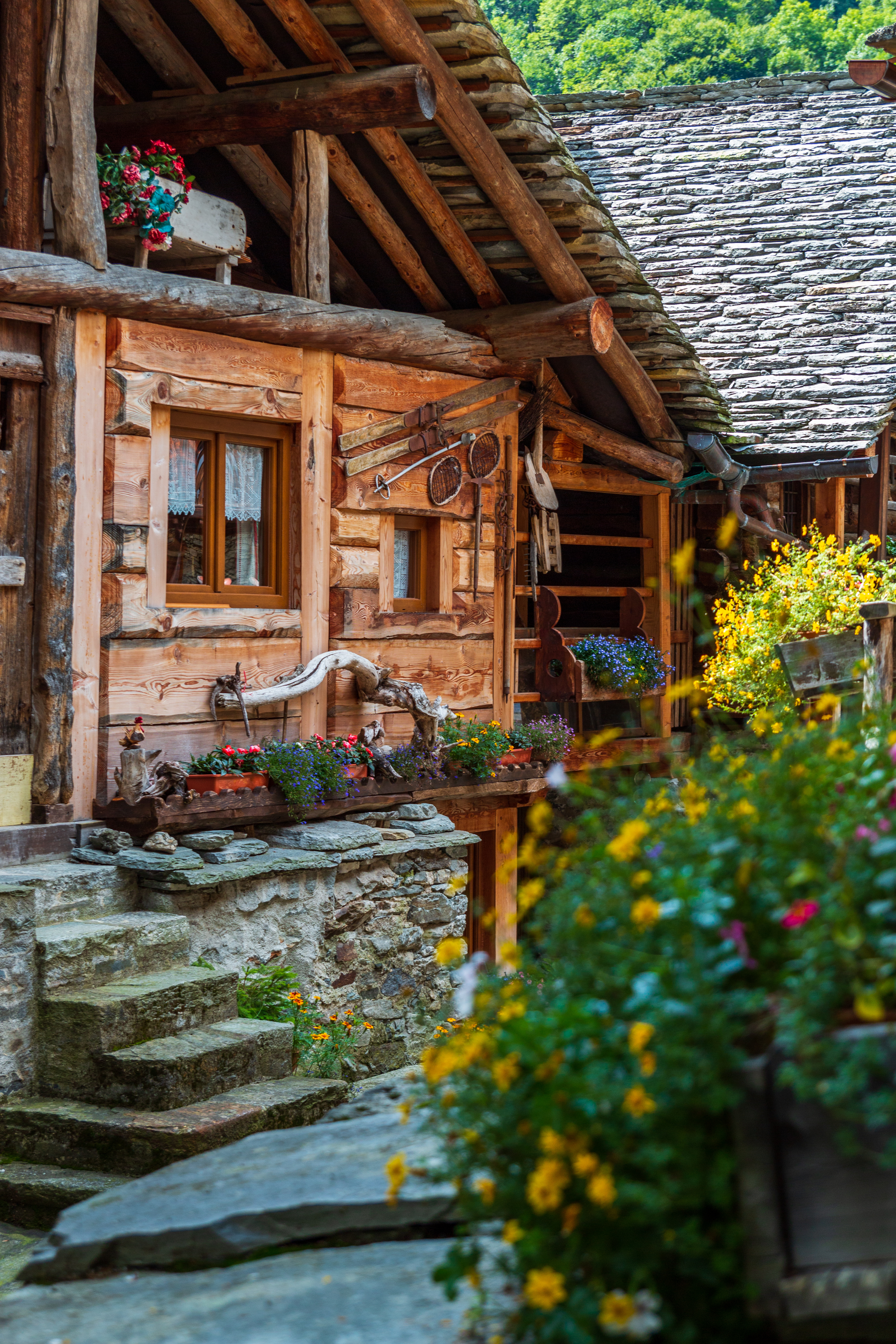 Idyllisk bjerghus af træ med blomsterkasser og skifertag i de italienske Alper
