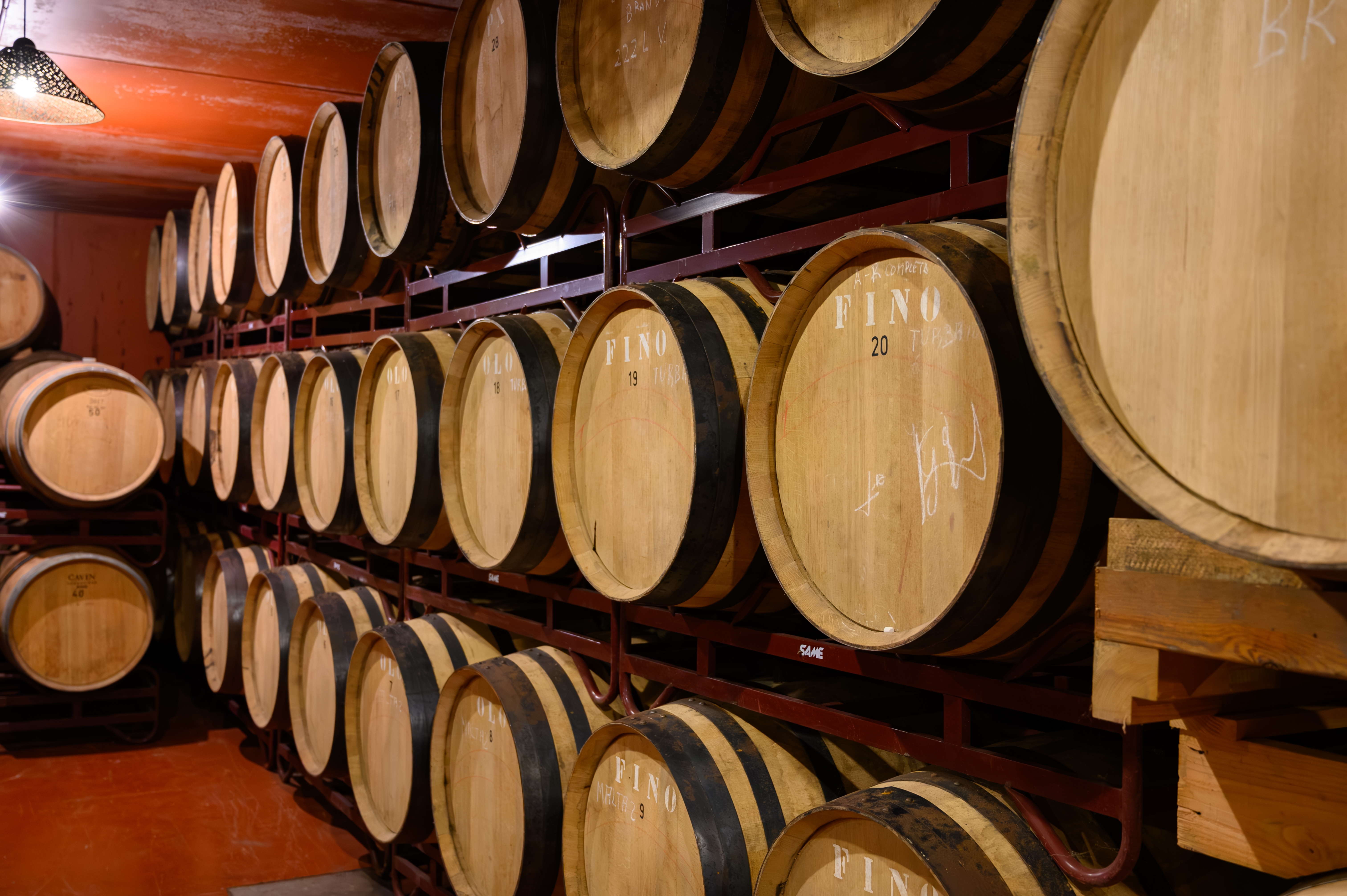 Traditionel bodega i Andalusiens Sherry-trekant med rækker af egefade, hvor den berømte spanske hedvin modnes i det unikke klima omkring Jerez