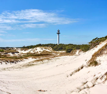 Panoramaudsigt over Dueodde klitter med fyrtårnet på Bornholm