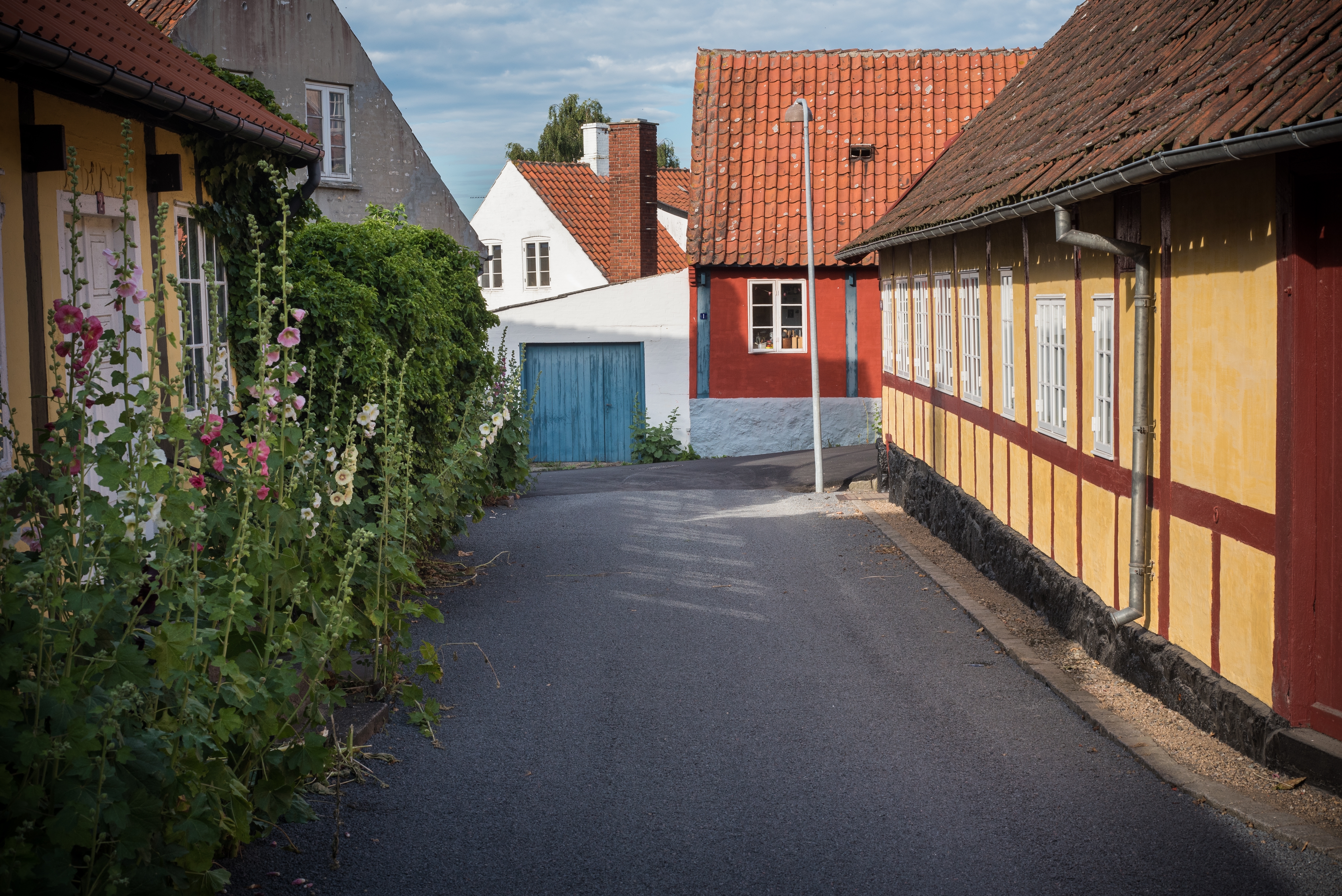 Authentisk dansk landsbygade med traditionelle huse og røde tegltage i Svaneke