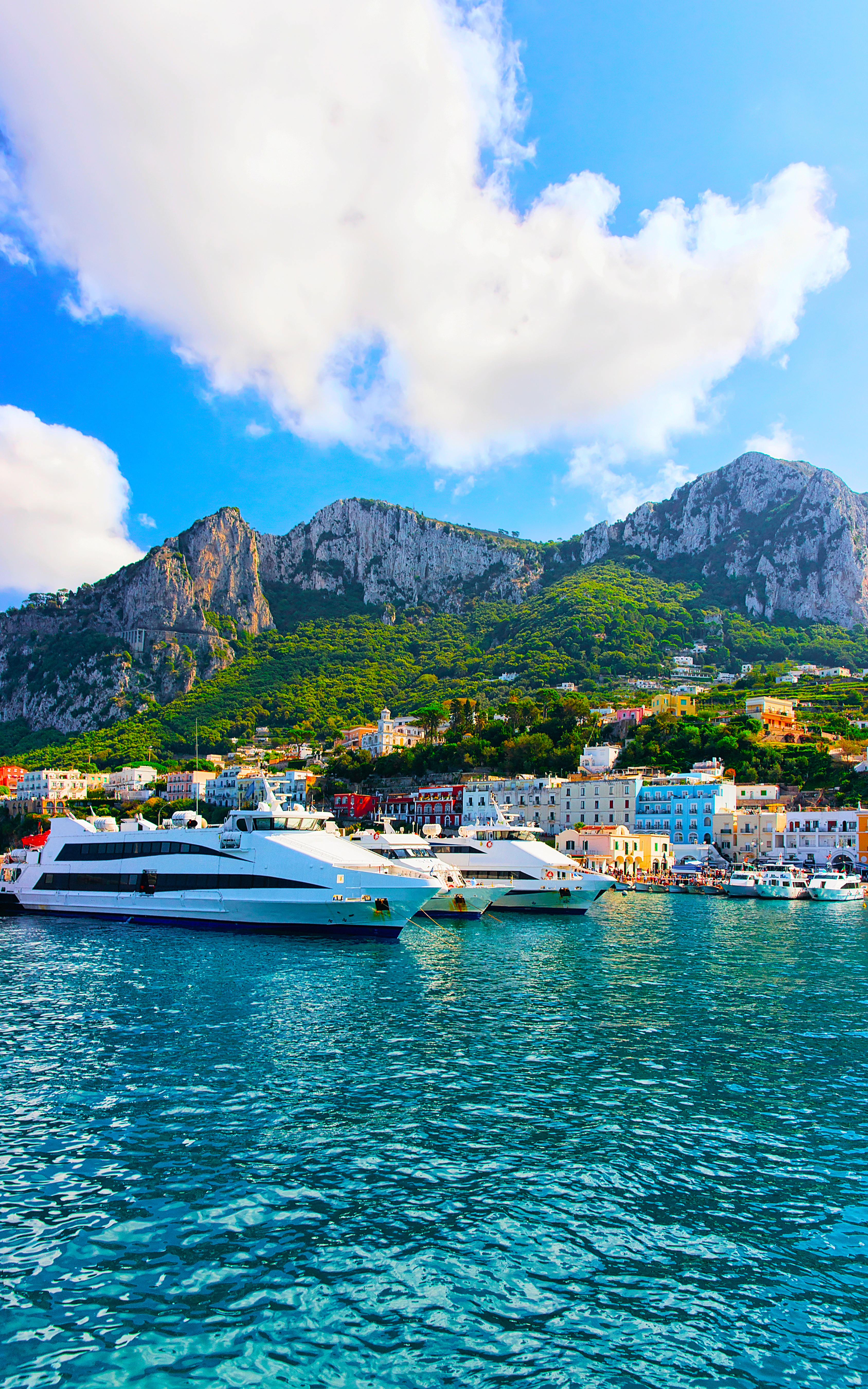 Spektakulær udsigt over Capri marina med hvide yachter og dramatiske kalkstensklipper i baggrunden