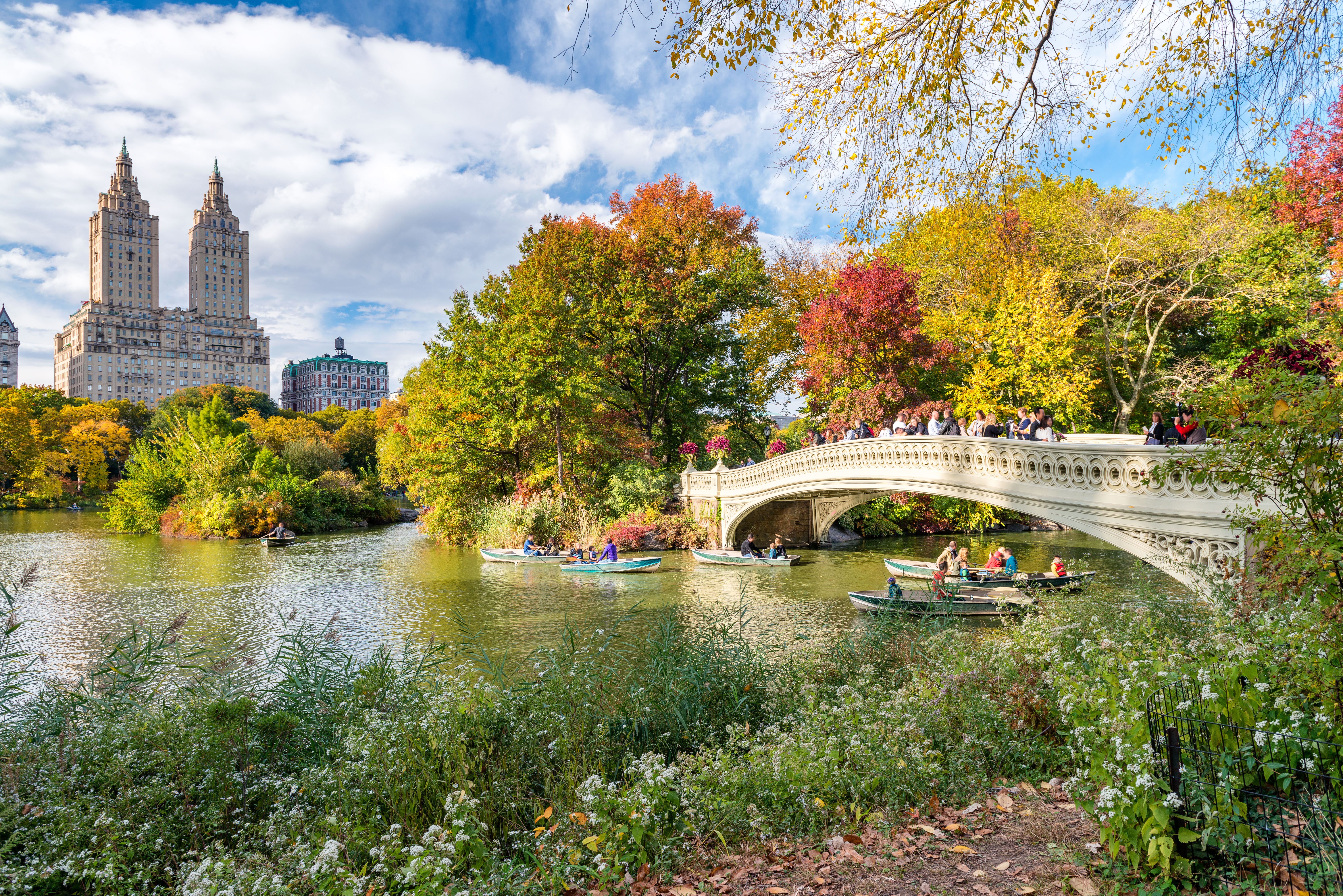 Central Park med smukke efterårsfarver, sø og udsigt til Manhattan bygninger i New York