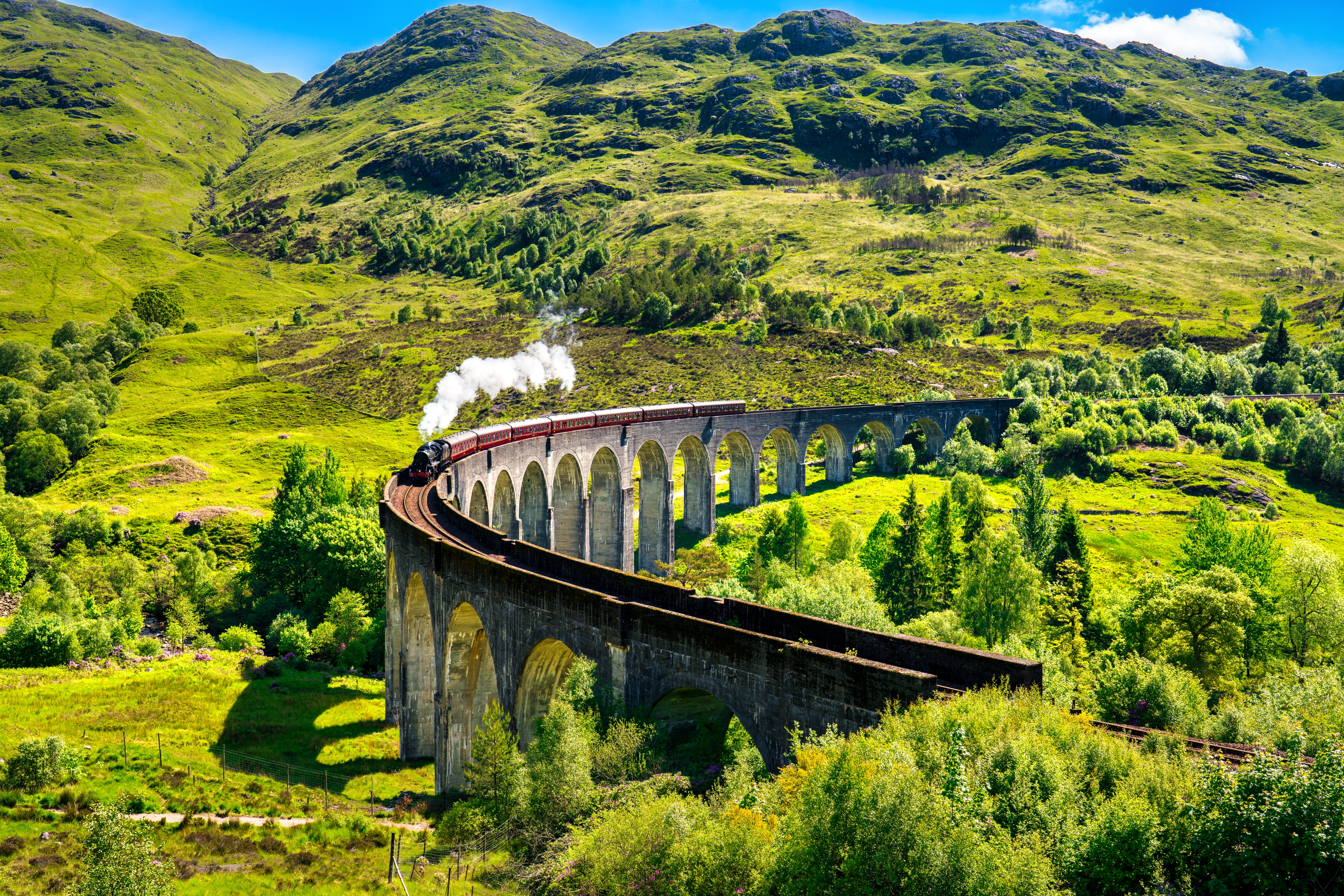 Eventyrlig togrejse over den klassiske Glenfinnan viadukt omgivet af Skotlands betagende højlandslandskab og grønne dale