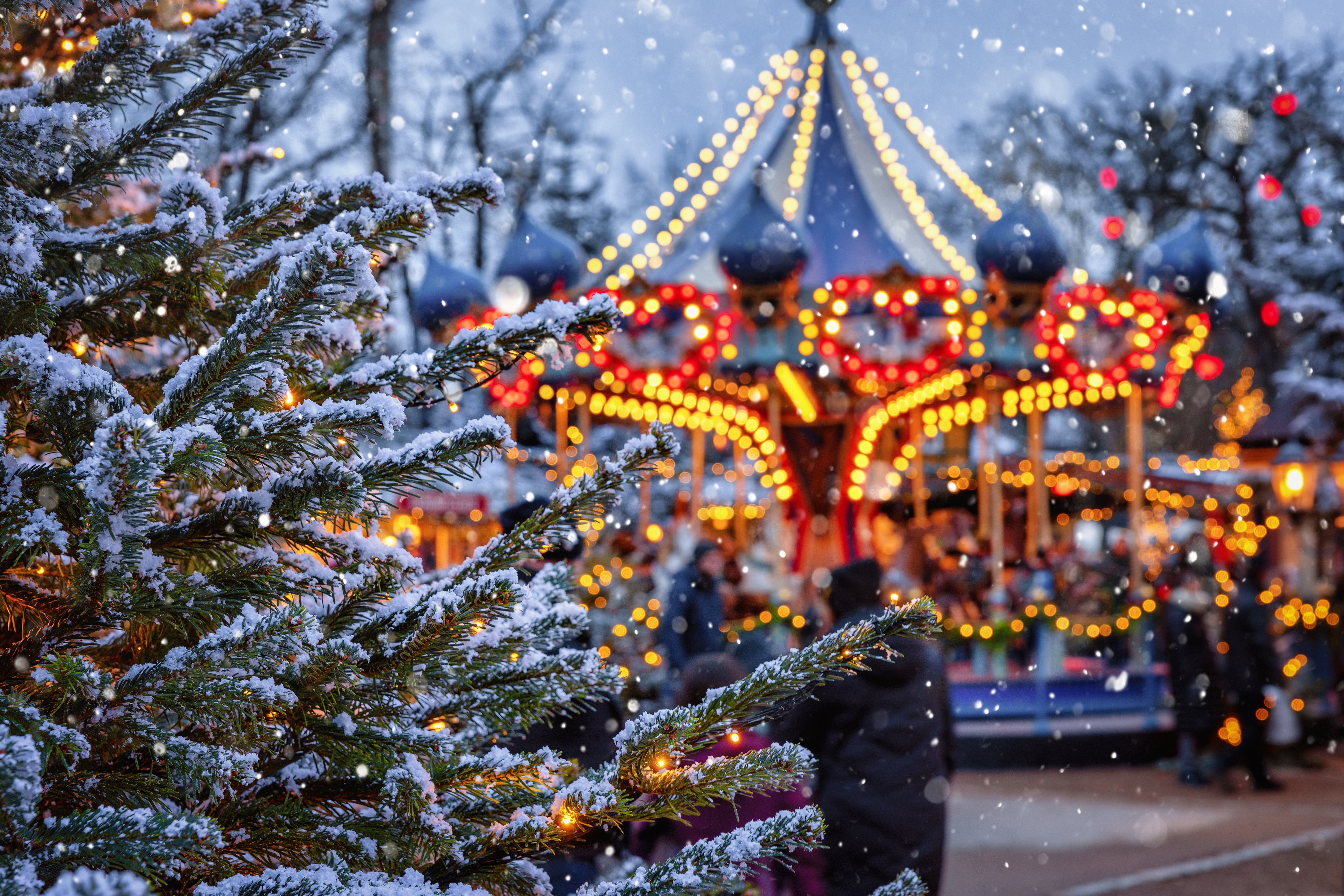 Dansk julestemning på Tivoli med snedækkede fyrretræer og gylden karruselbelysning