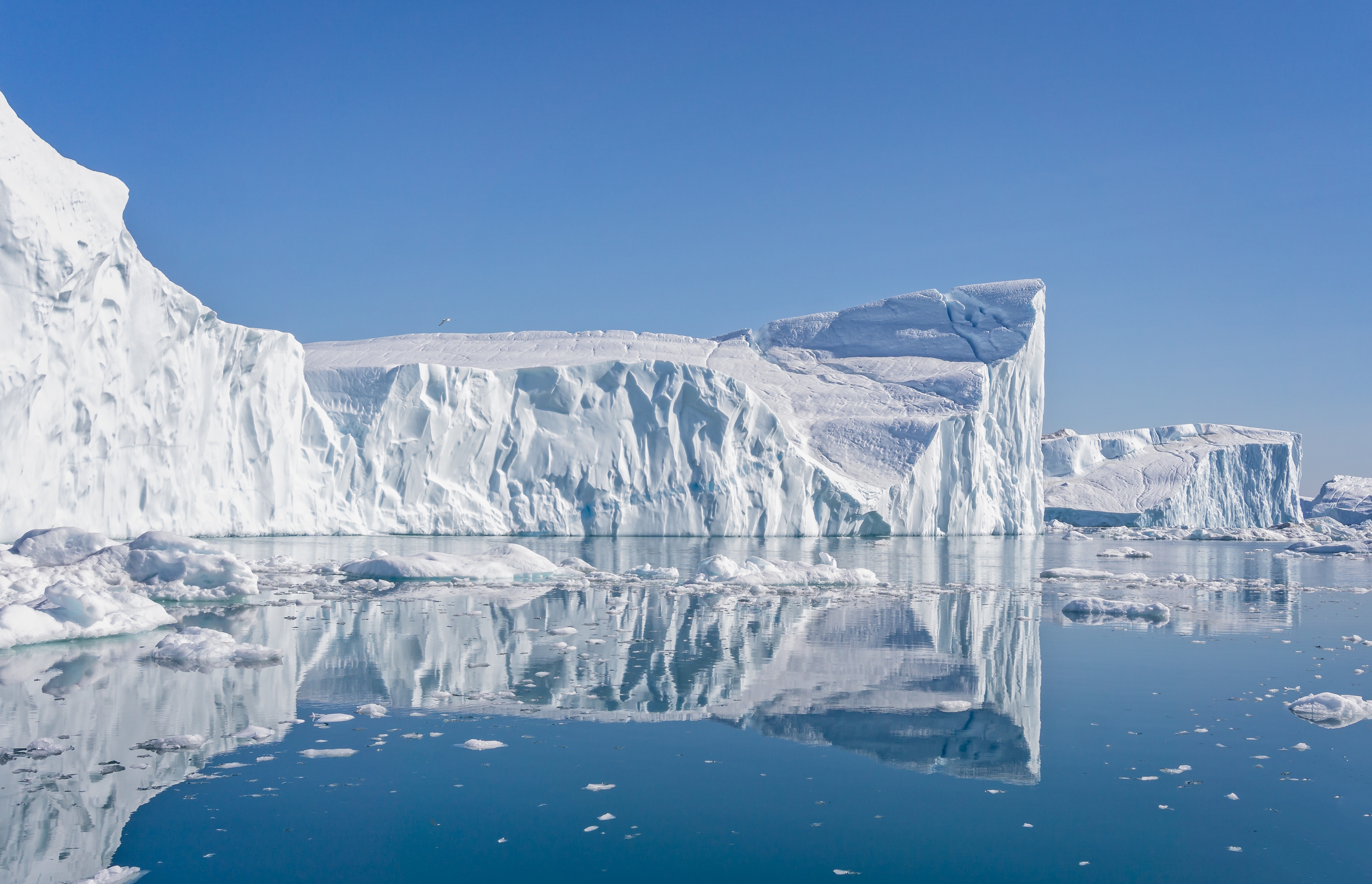 Imponerende isbjerge med perfekte refleksioner i Disko Bay, Grønland