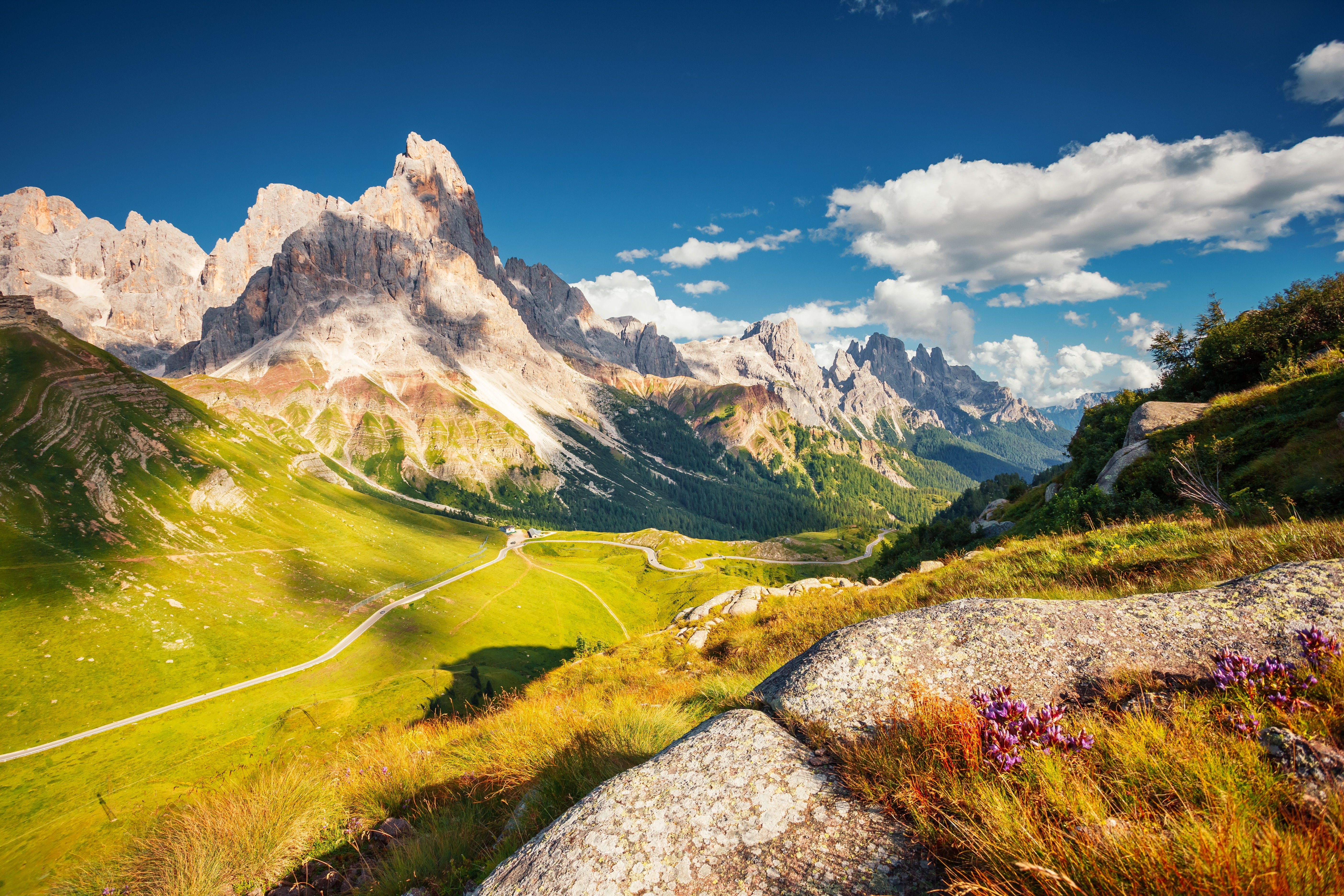 Pragtfuldt alpelandskab i Dolomitterne med høje klippetinder, grøn dal og bjergsti under skyfri blå himmel i Italien