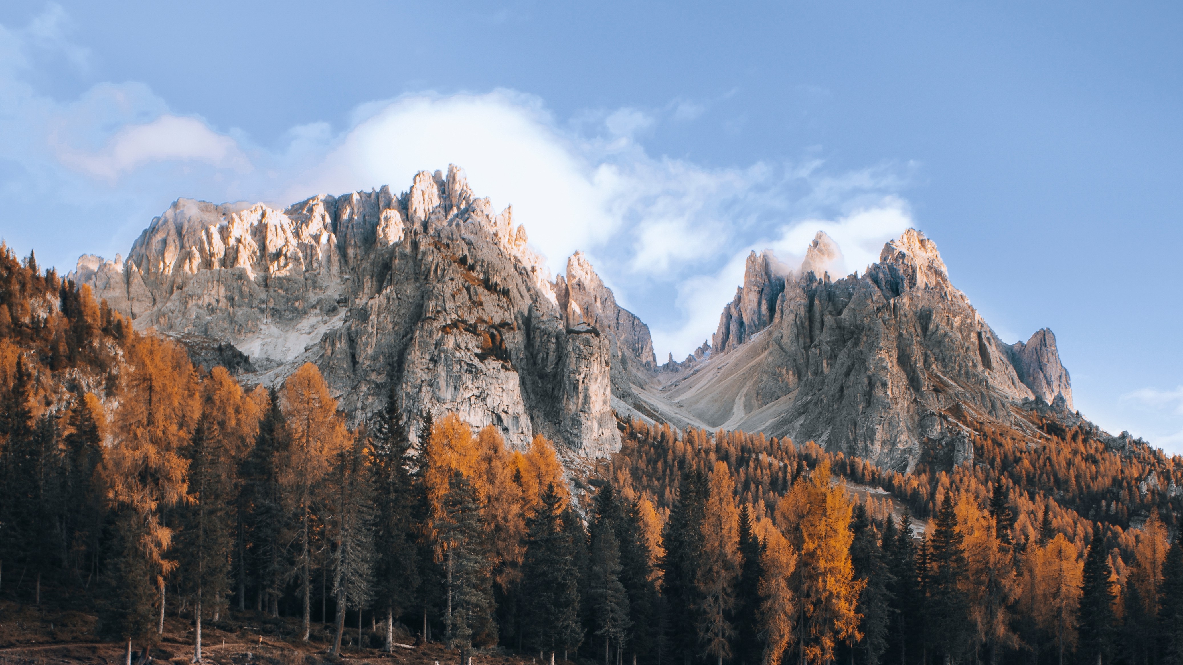 Fantastisk naturudsigt over Dolomitternes klippetinder med gyldne efteraarstræer og blaa himmel i Italien