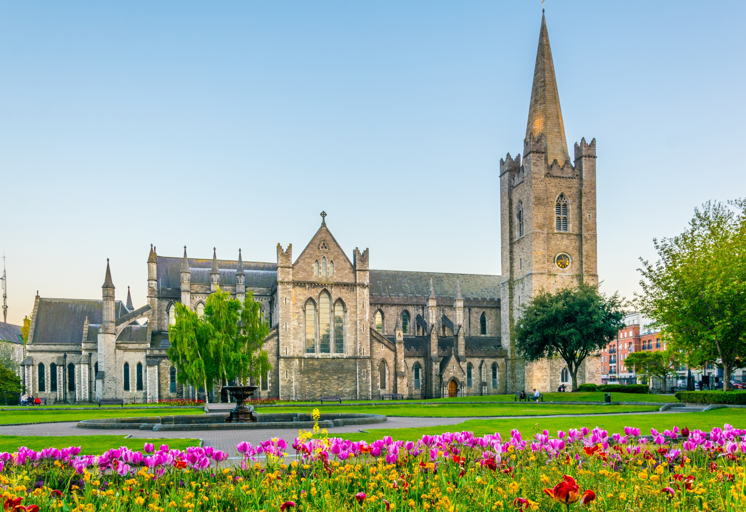 Stemningsfuldt aftenbillede af den historiske St. Patricks Katedral i Dublin med flot belysning - et ikonisk landemærke i Irland