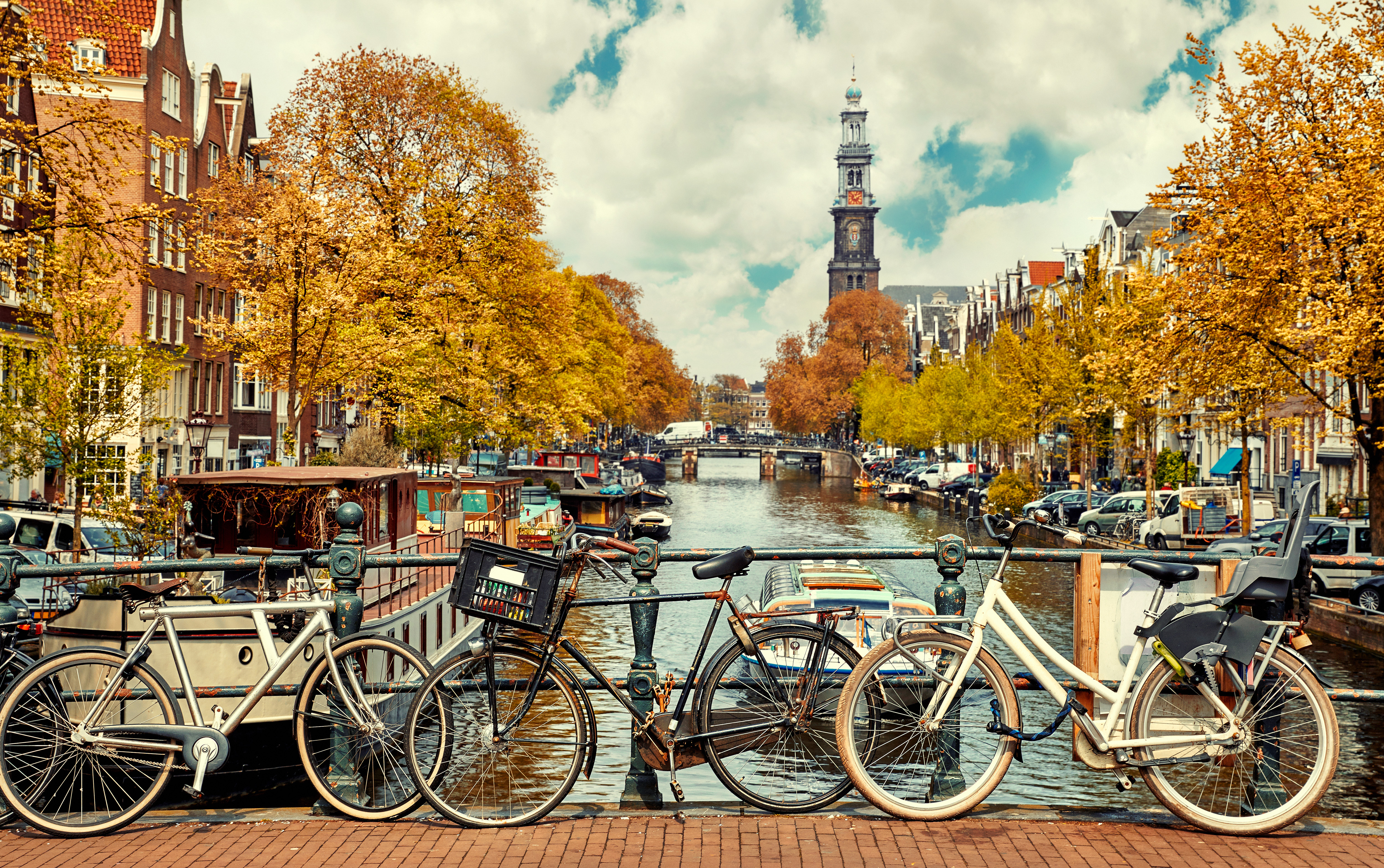 Stemningsfuld efterårsscene i Amsterdam med parkerede cykler på kanalbroen og smukke gule træer langs de ikoniske hollandske kanalhuse