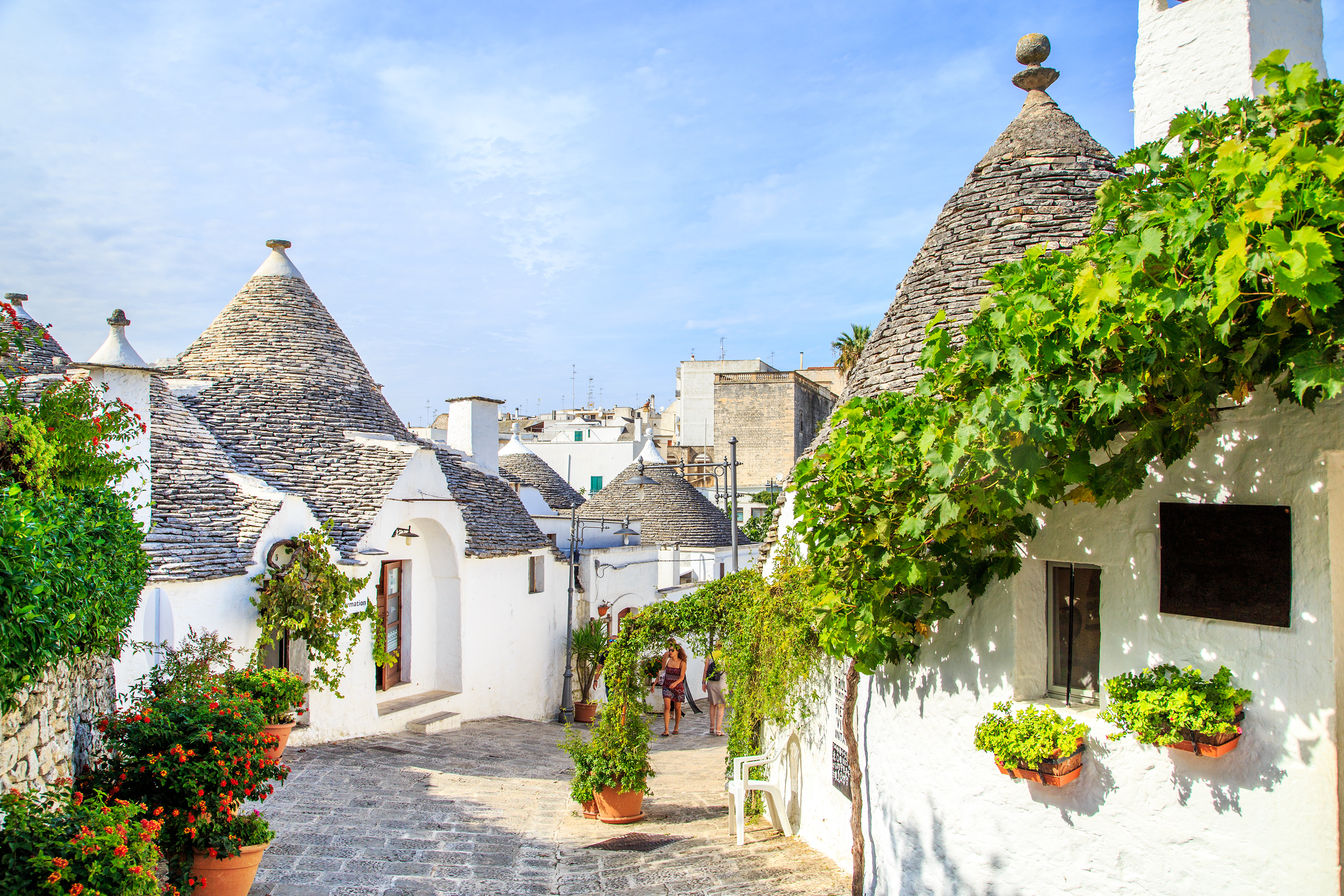 Smuk gade med karakteristiske trulli-boliger med stentage i Alberobello, Apulien - et unikt kulturelt højdepunkt på rejsen til Syditalien