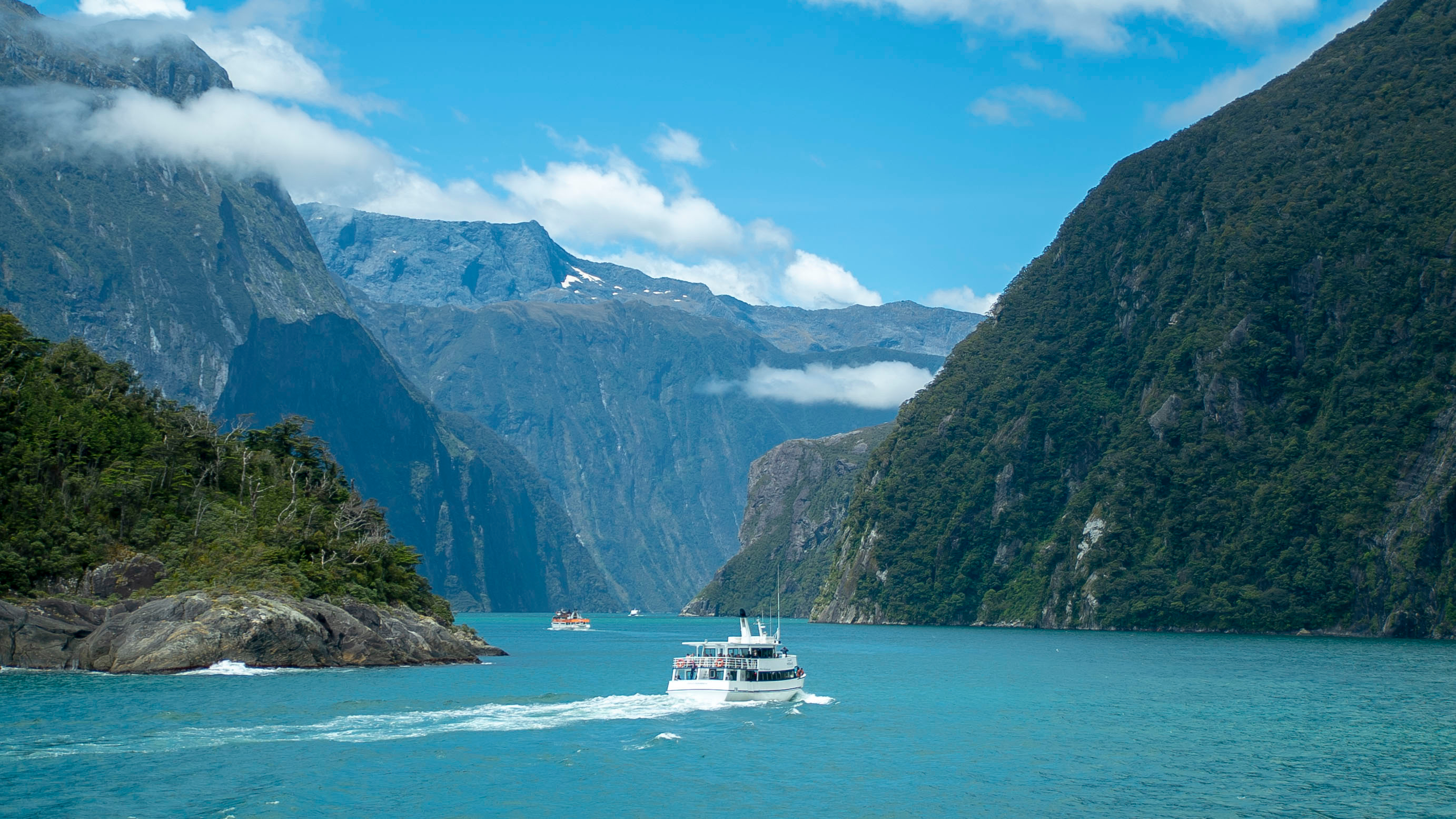 Turistbaad i det storslaaede Milford Sound fjordlandskab med hoeje bjerge og klart blaat vand