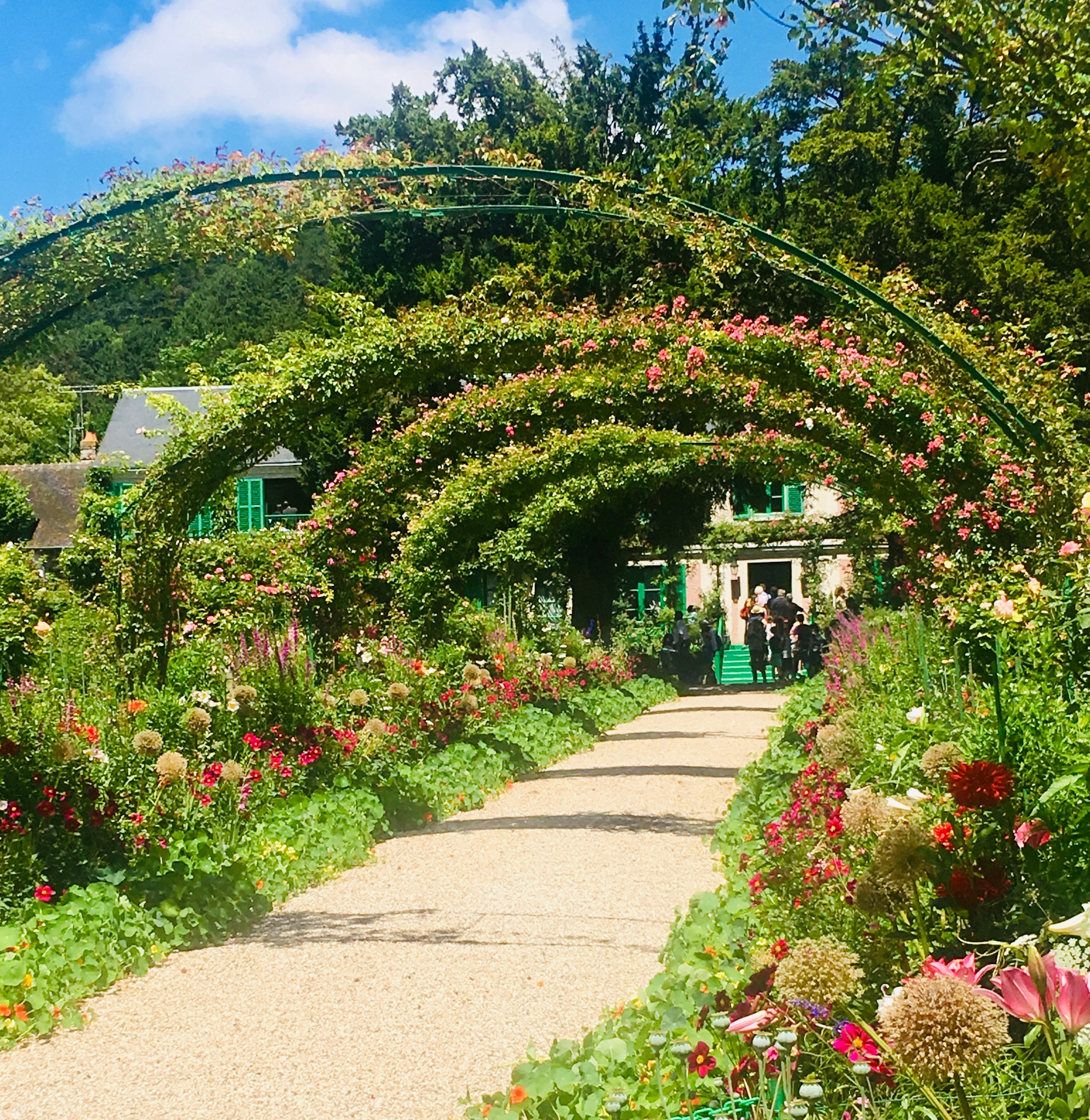 Naturskøn sti med rosenklædte buer og blomstrende rabatter i Claude Monets have i Giverny, Frankrig