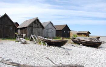 Historiske træfiskerbåde på pebblestrand foran vejrbidte fiskerihuse ved Helgumannen, Gotland, Sverige