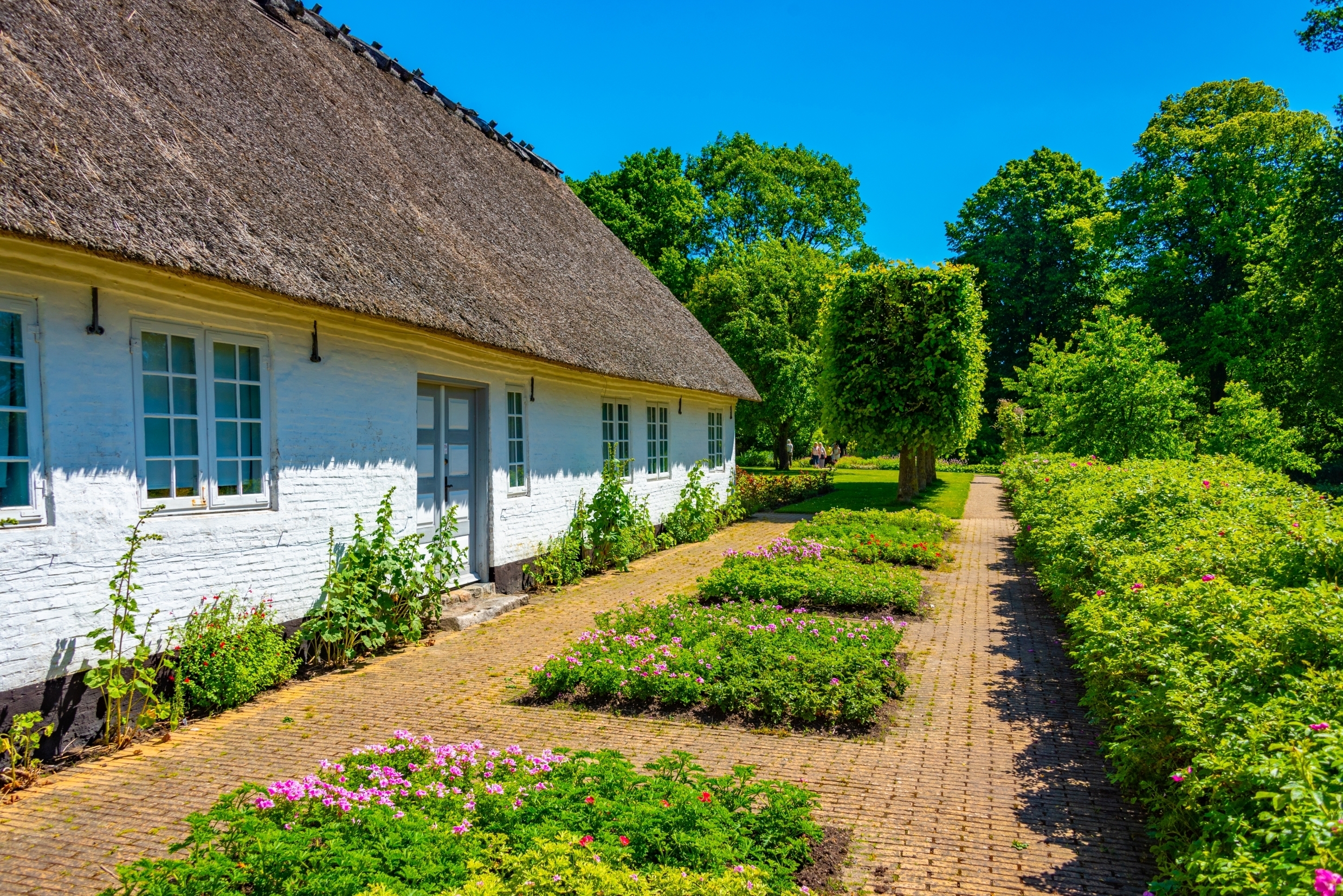 Frodig urtehave ved Graasten Slot i Sønderjylland med hvidkalket stråtækt bygning og farverige sommerblomster langs brolagt sti