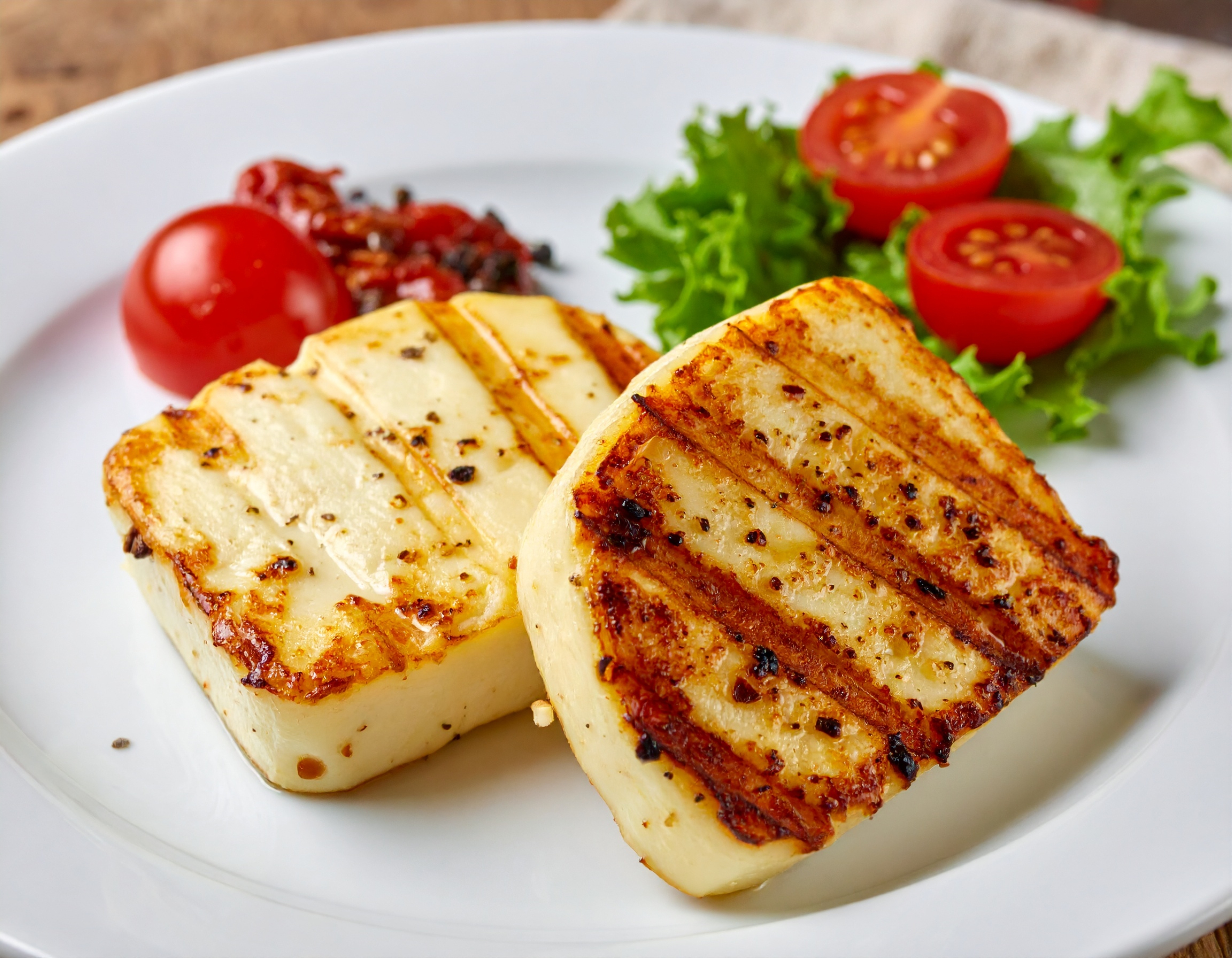 To skiver grillet halloumi ost med karakteristiske grillmærker serveret med friske cherrytomater og grønne salatblade