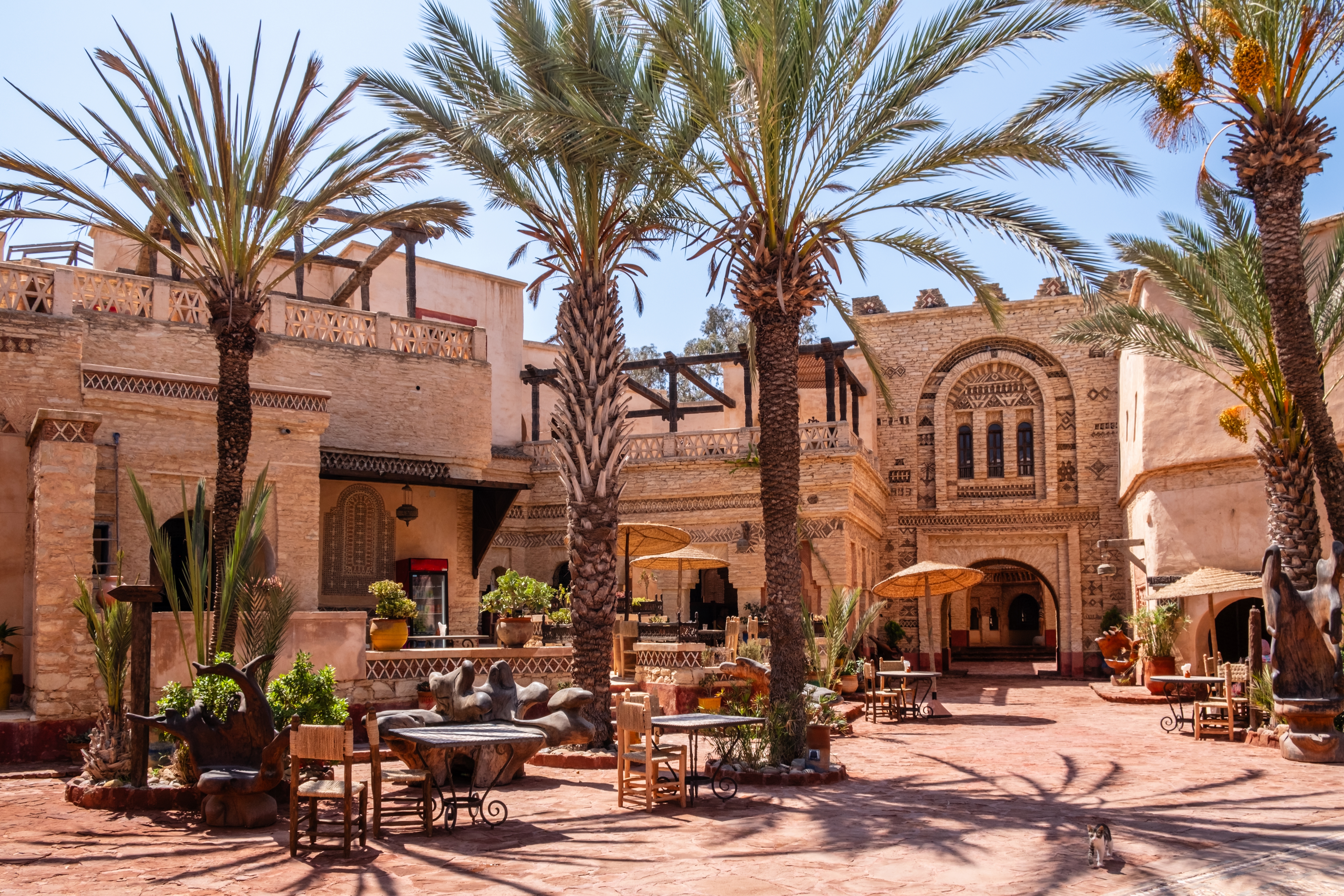 Pittoresk marokkansk borggård med dadelpalmer og traditionel berber arkitektur i Agadir
