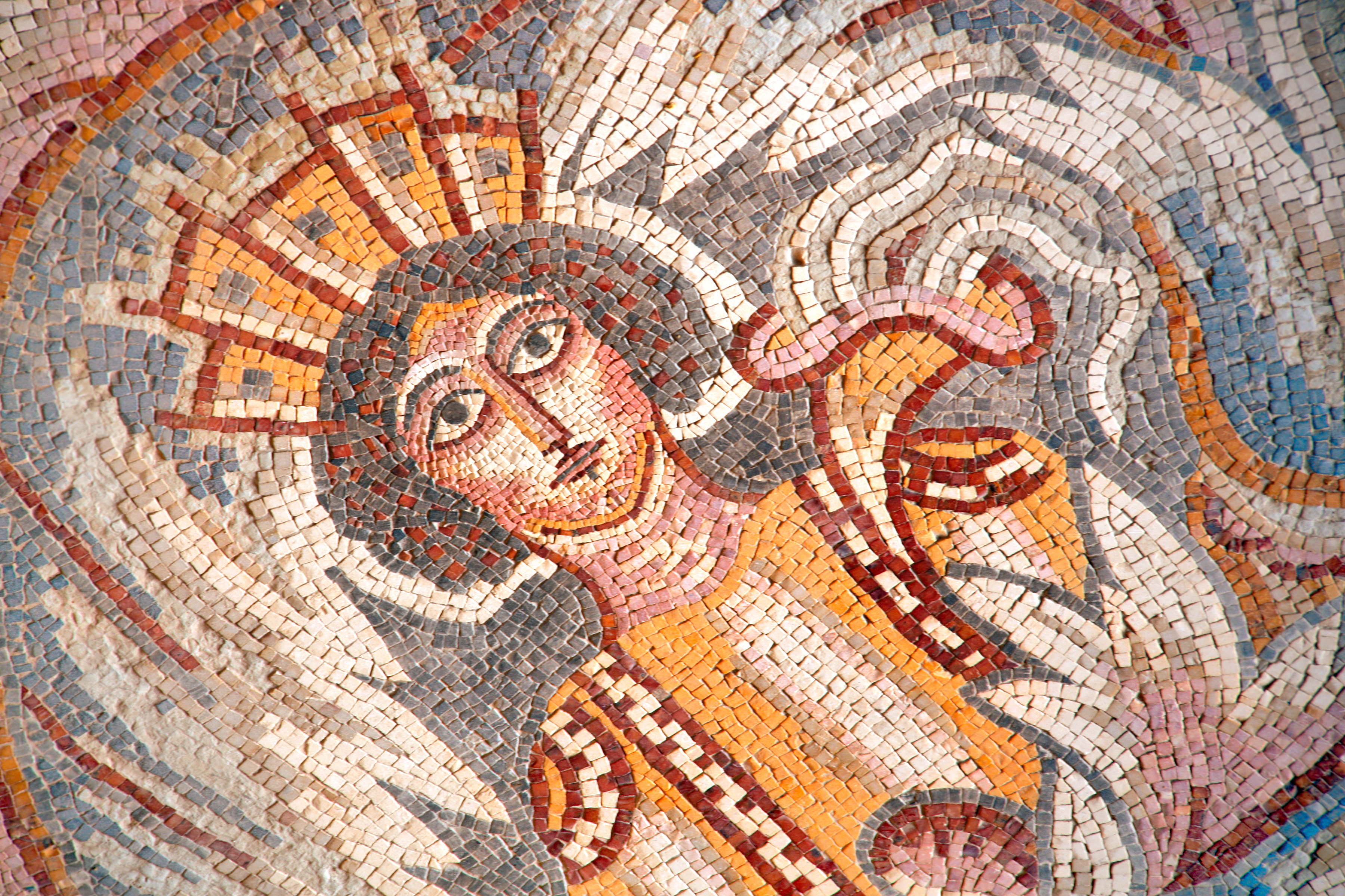 Detaljeret historisk mosaik fra Madaba Jordan med oldtidens kunsthaandvaerk