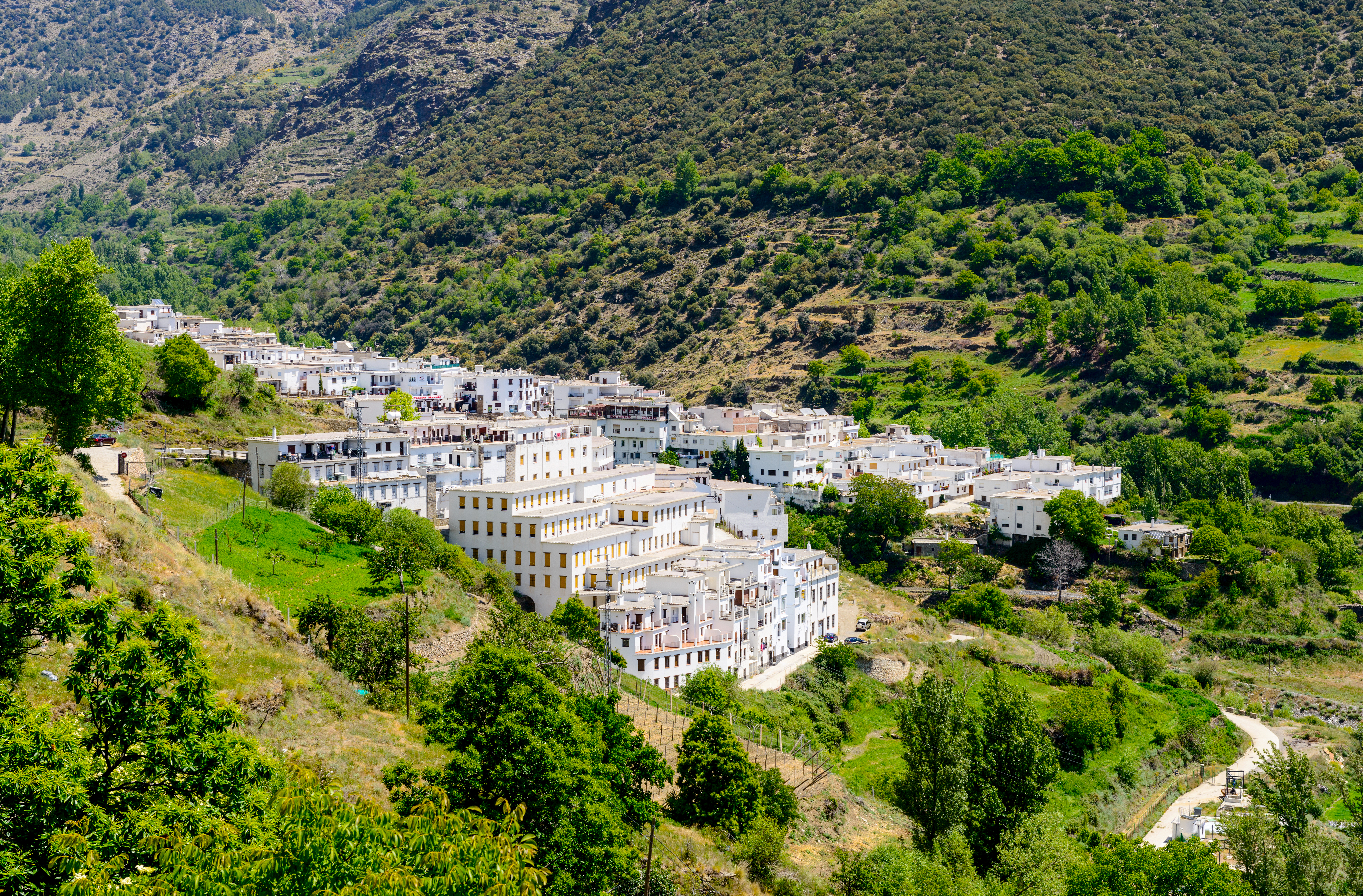 Den fascinerende bjerglandsby Trevélez med traditionelle hvide huse bygget på terrasser i det dramatiske Alpujarras-bjerglandskab i Granada-provinsen
