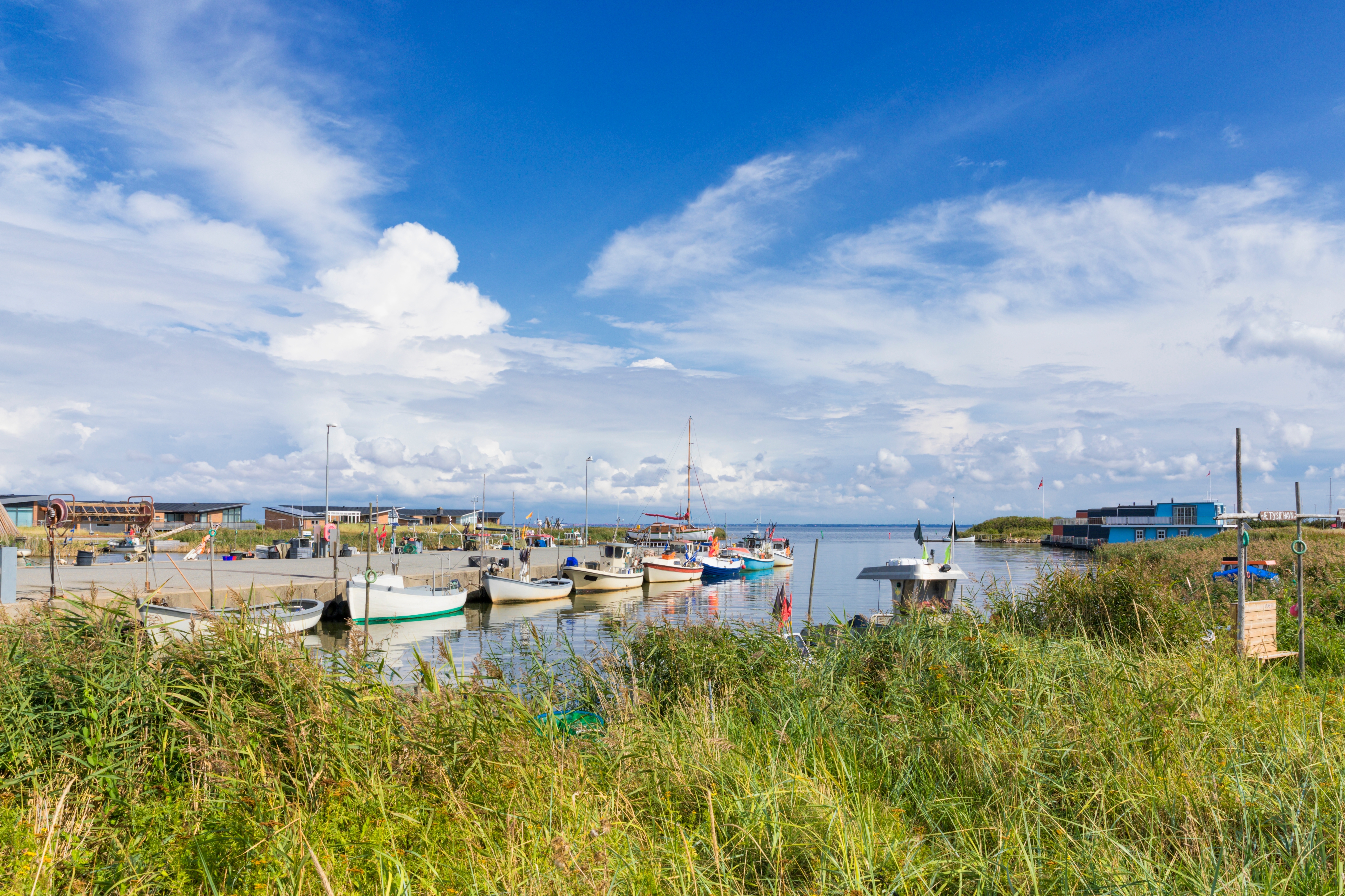 Idyllisk dansk fiskerhavn i Hvide Sande med farvede fiskerbåde og blå himmel