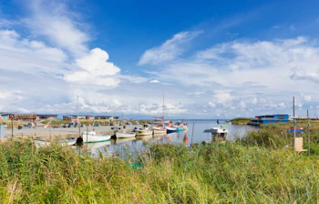Idyllisk dansk fiskerhavn i Hvide Sande med farvede fiskerbåde og blå himmel