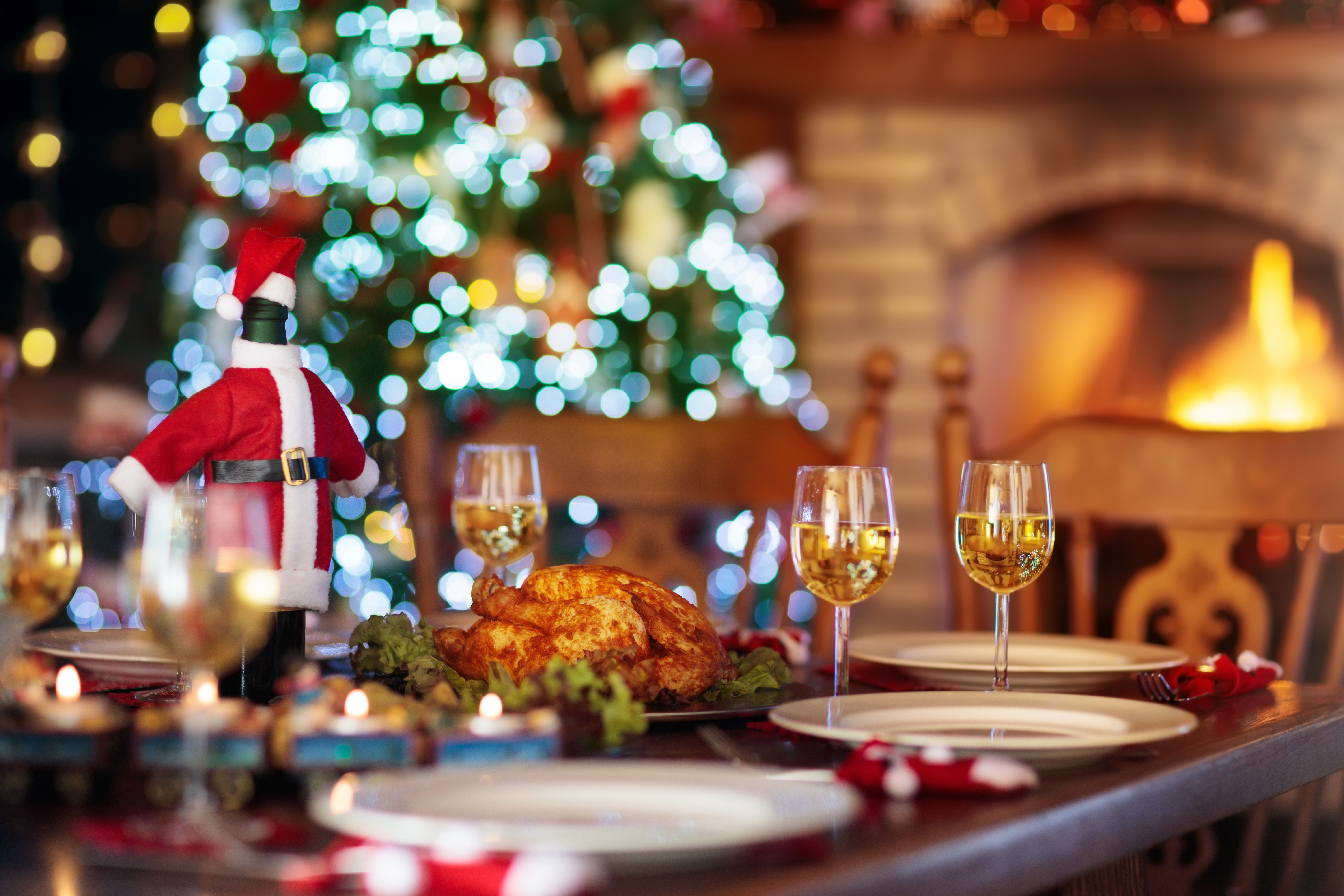 Hyggelig julemiddag med stegt kalkun ved brændende pejs