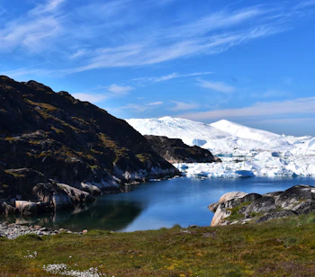 Eventyrligt syn af Ilulissat Isfjord i Grønland med kæmpe flydende isbjerge, blåt stille vand og grønne arktiske enge i forgrunden