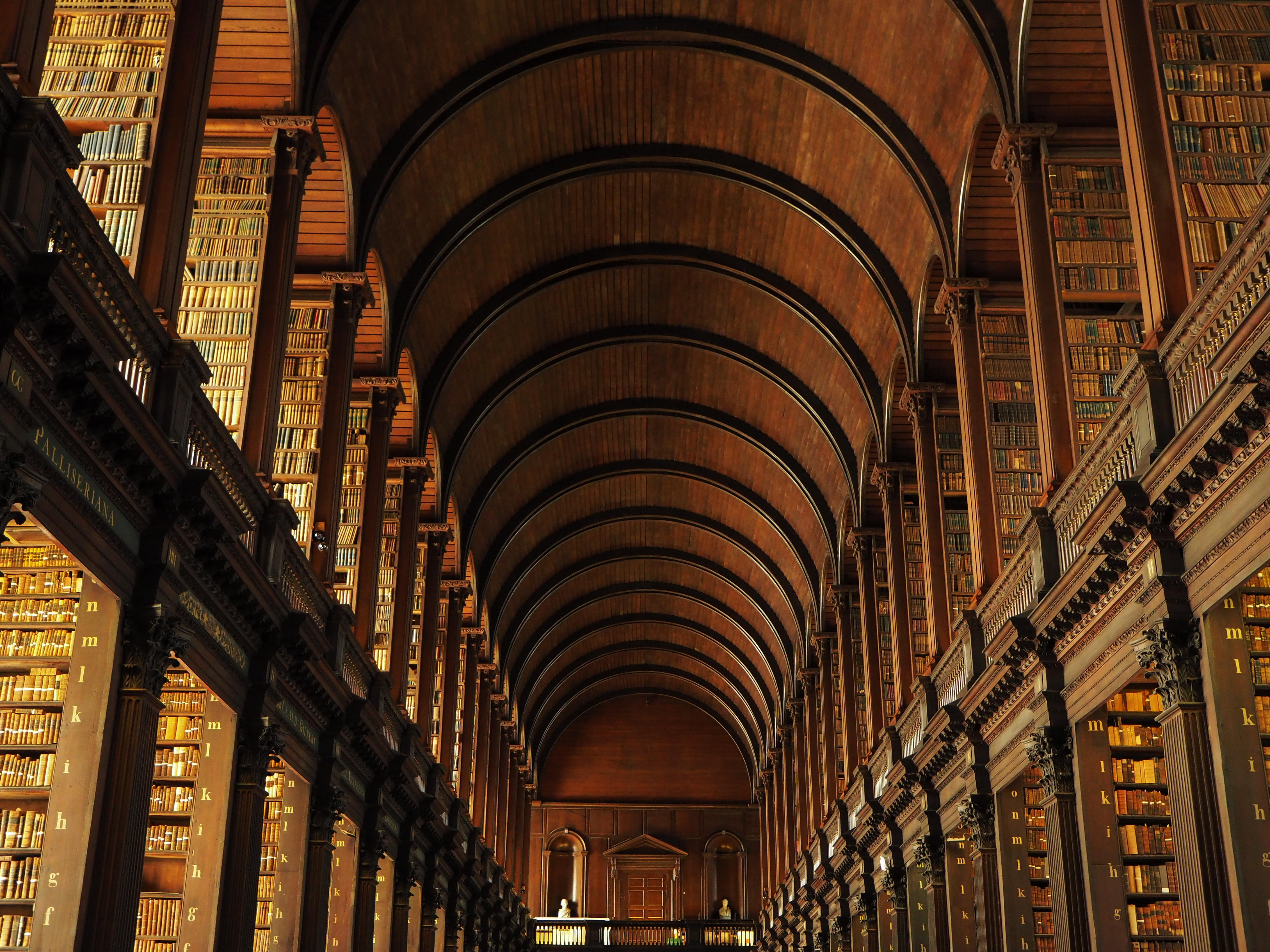 Den majestætiske Long Room bibliotekshal i Trinity College Dublin med sine karakteristiske buede lofter og historiske bogsamlinger