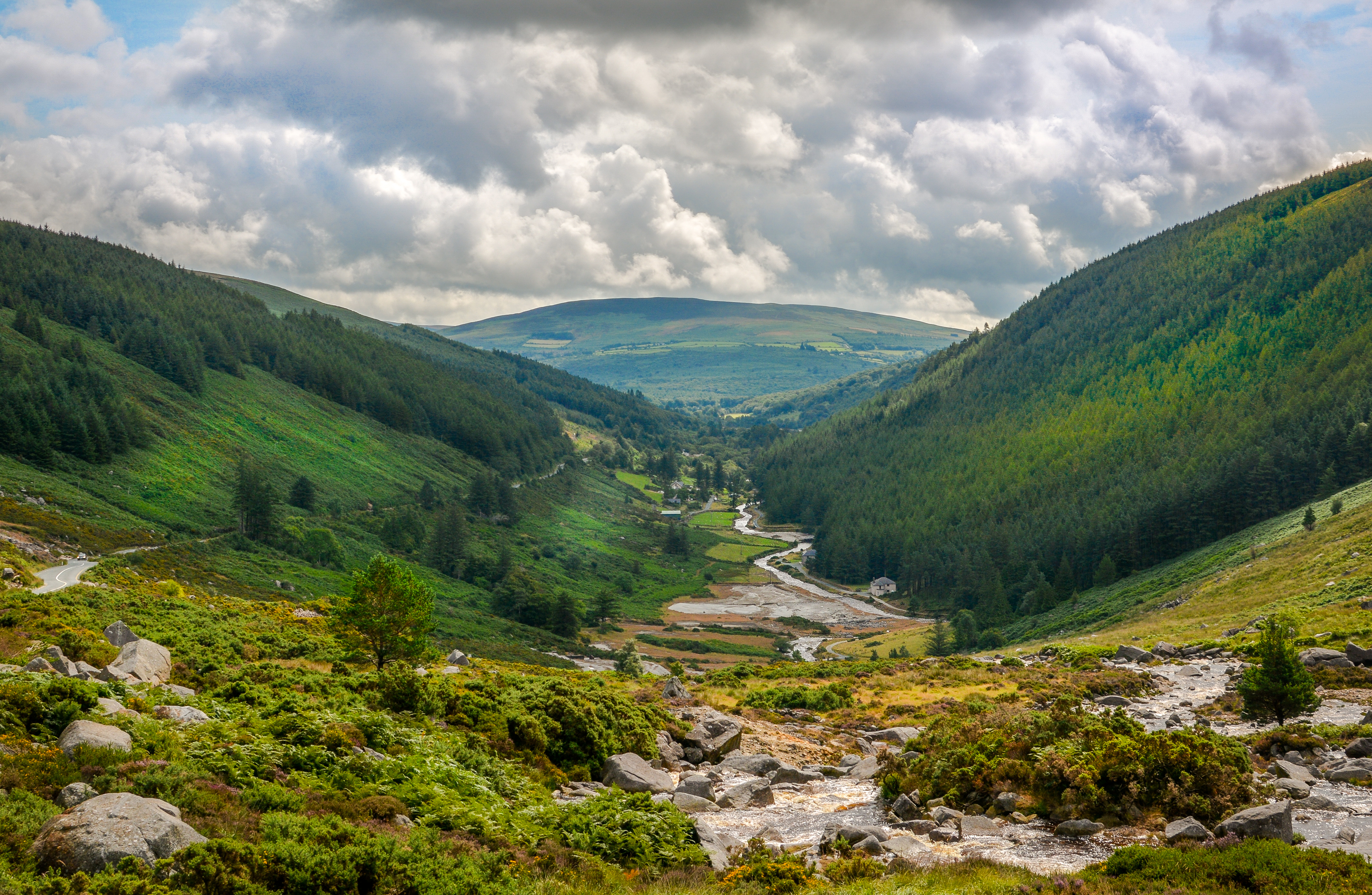 Grønt landskab i Wicklow Mountains Irland med dale og natur