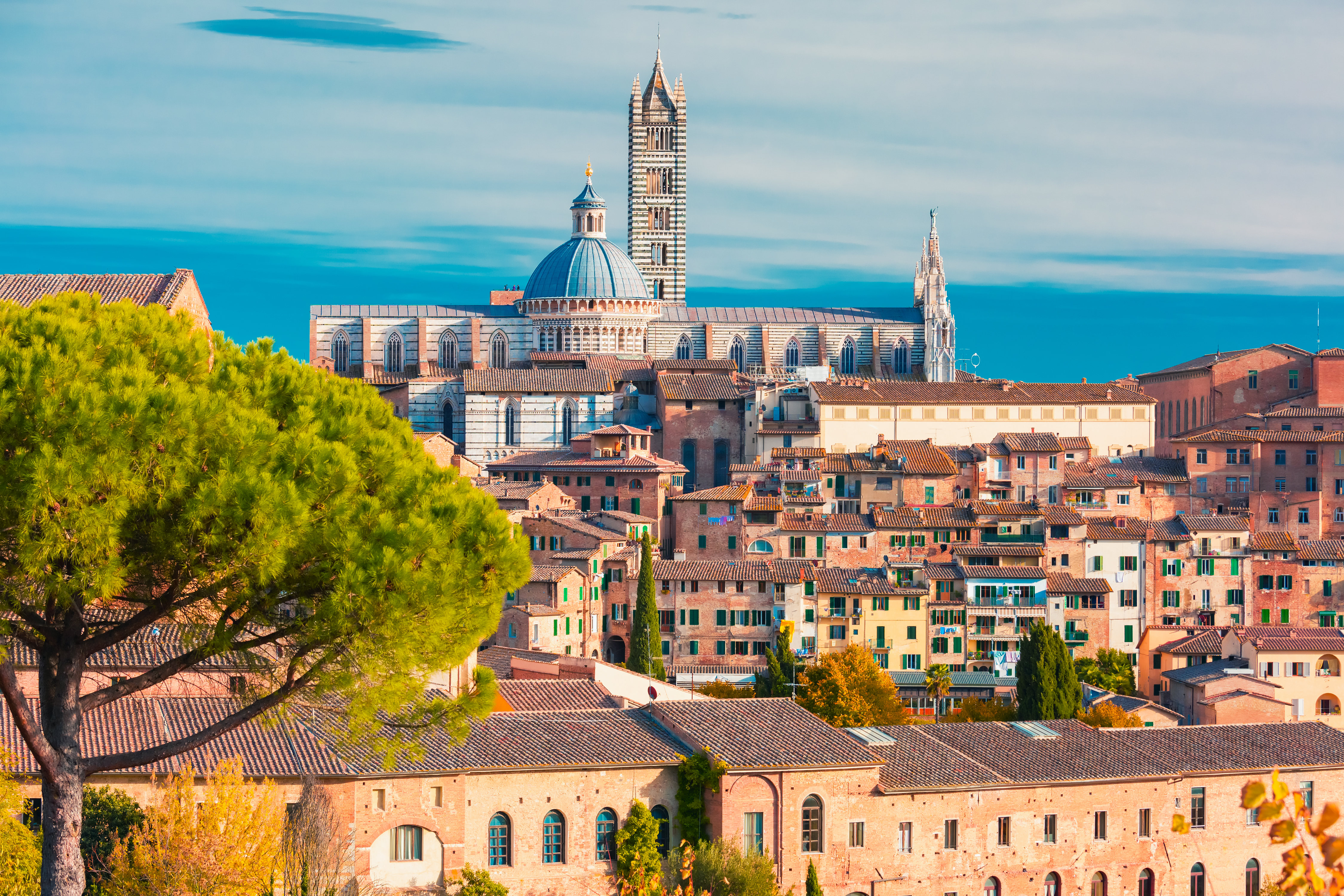 Malerisk udsigt over Siena domkirke og de karakteristiske terrakotta tage i Toscana