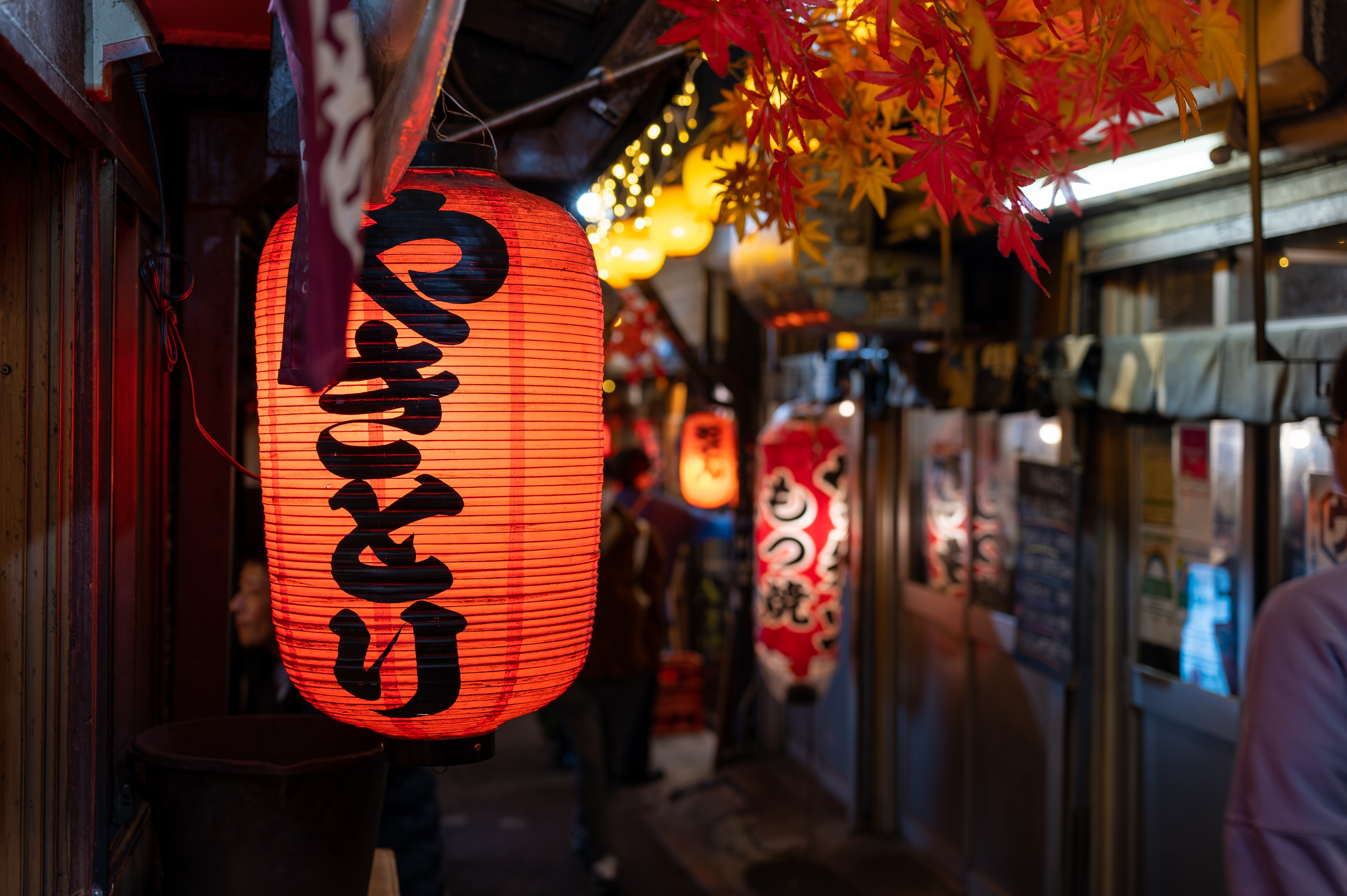 Fascinerende røde lanterner med japanske tegn illuminerer de livlige gader i Shinjuku-distriktet i Tokyo ved aften