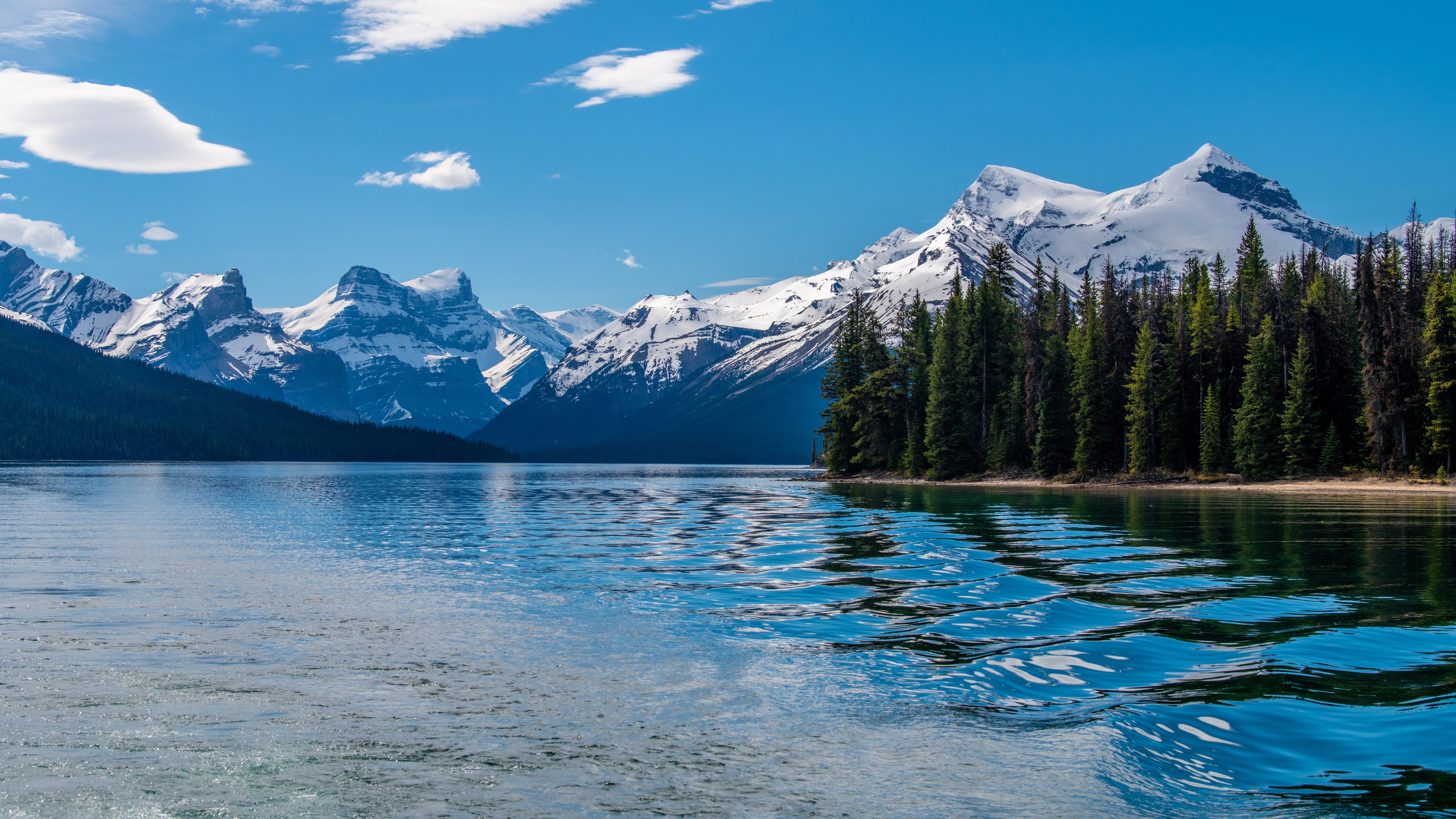 Rolig og spejlblank Maligne Lake med imponerende snedækkede bjerge og frodige nåleskove i Jasper National Park, Alberta
