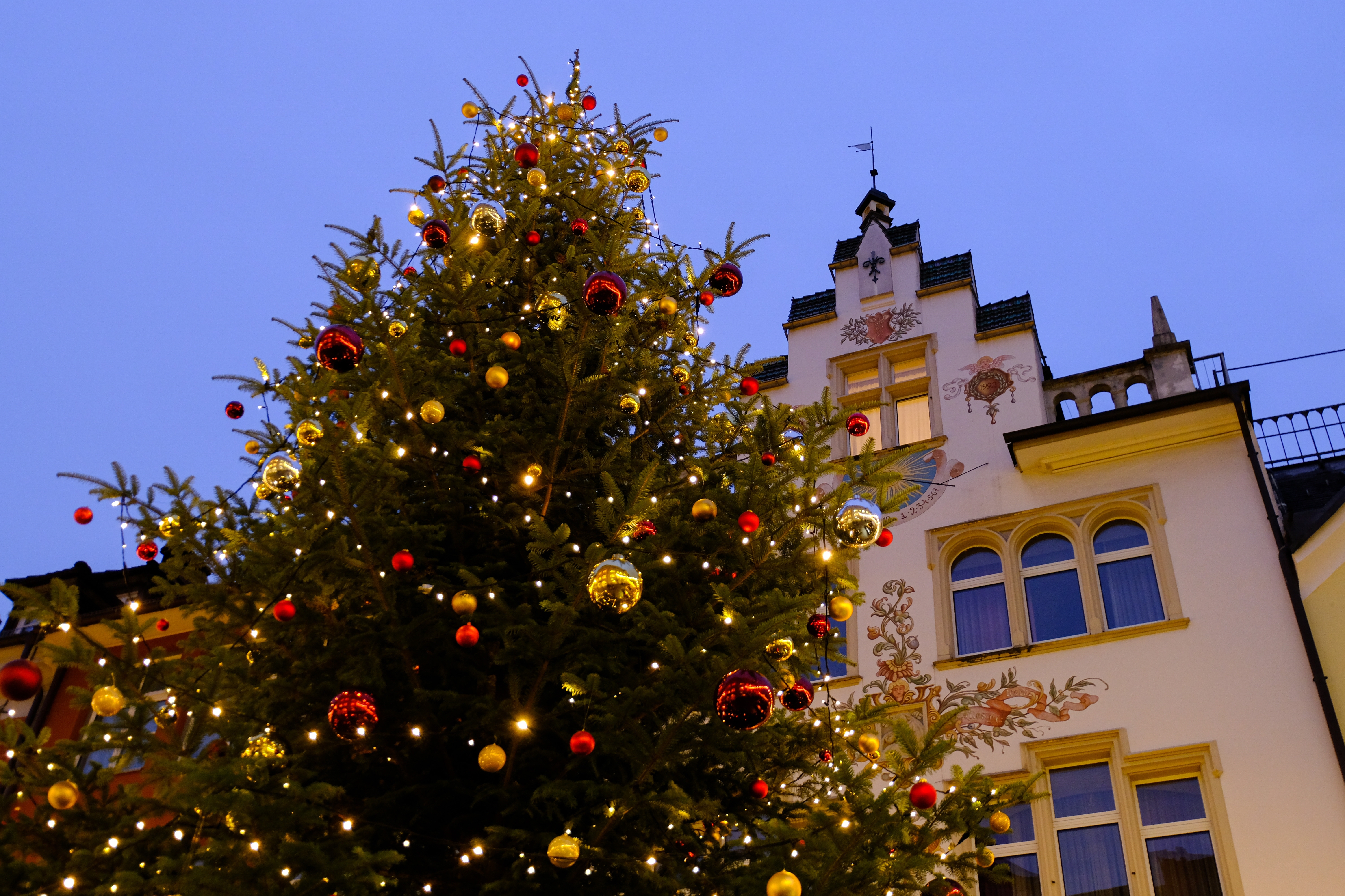 Oplyst juletræ med røde og gyldne julepynt ved julemarked i Feldkirch, Østrig i aftenlyset