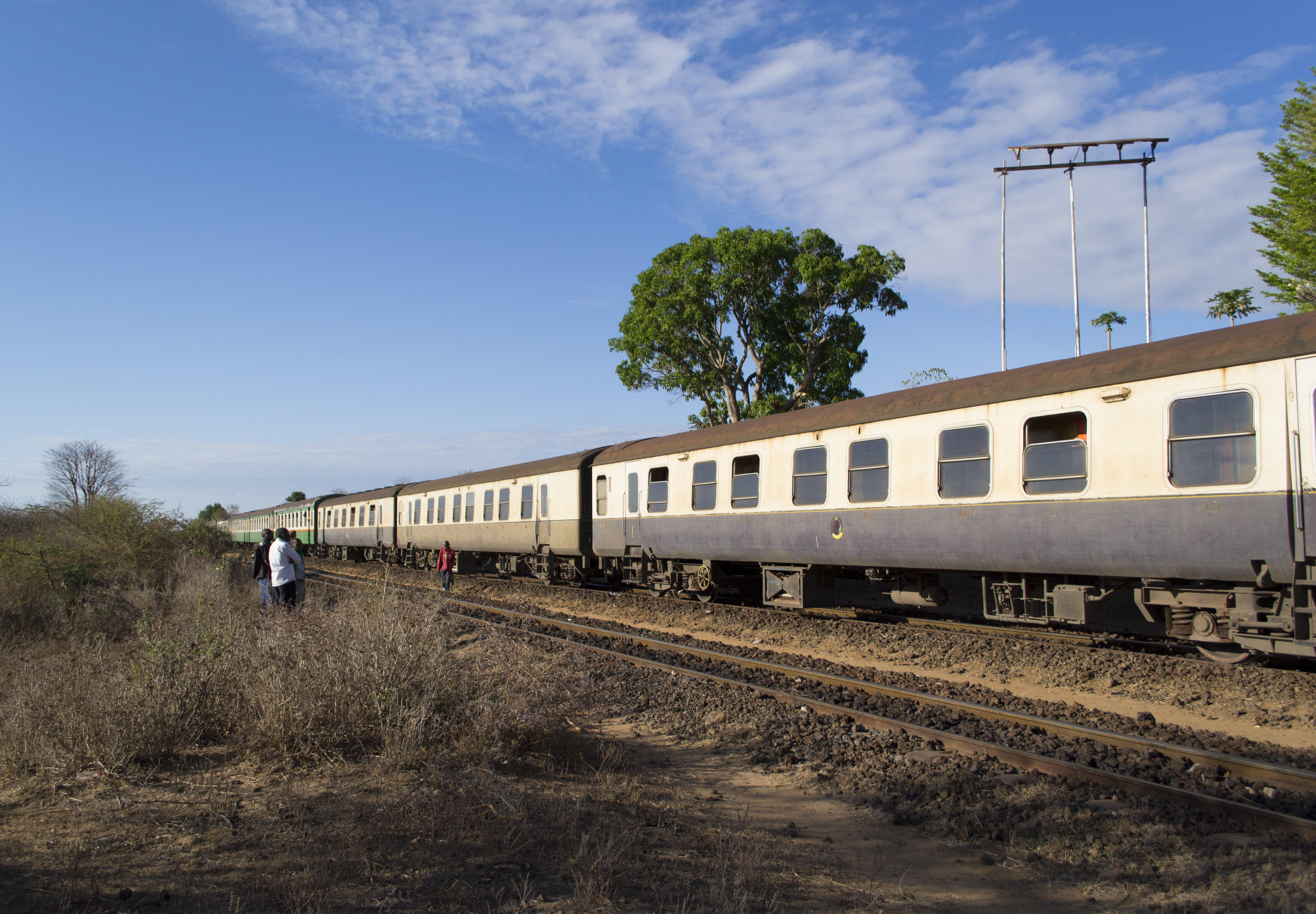 Gammelt passagertog holder ved den berømte Kenya-Uganda jernbane i Tsavo med grønne træer og blå himmel i baggrunden