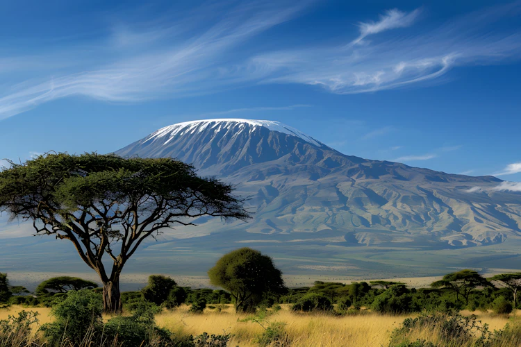 Mount Kilimanjaro og akacietræ i spektakulært afrikansk savannelandskab