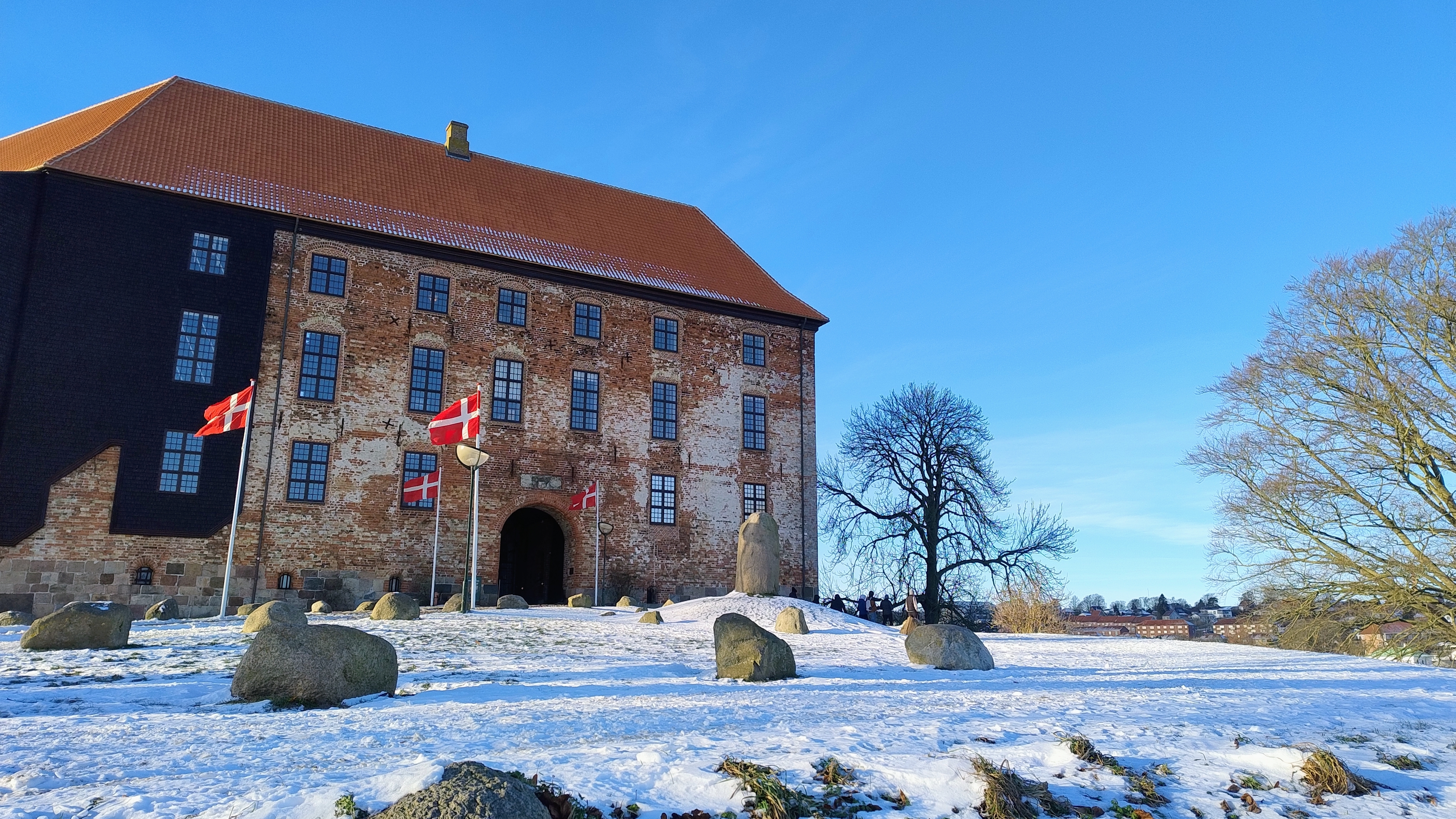 Koldinghus i Kolding, Danmark, på en klar vinterdag med sne på bakken, nøgne træer og danske flag foran den historiske borgbygning