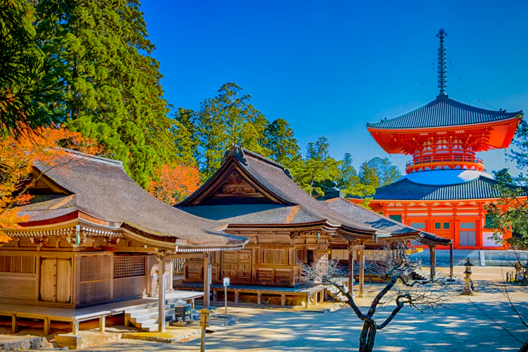 Historisk buddhistisk tempel og pagode på Koya-san bjergkloster i Japan