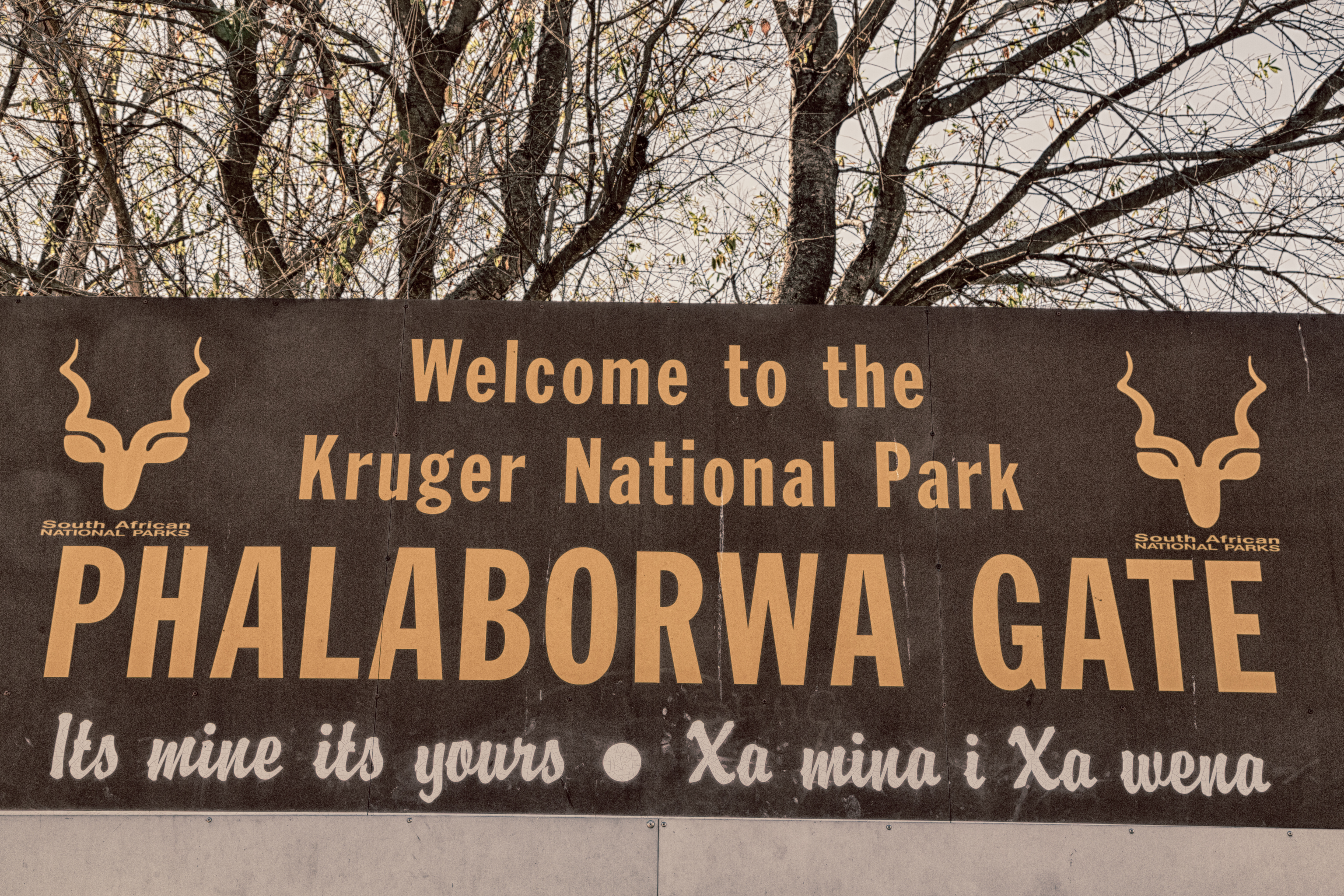 Stort velkomstskilt ved Phalaborwa Gate indgang til Kruger National Park i Sydafrika
